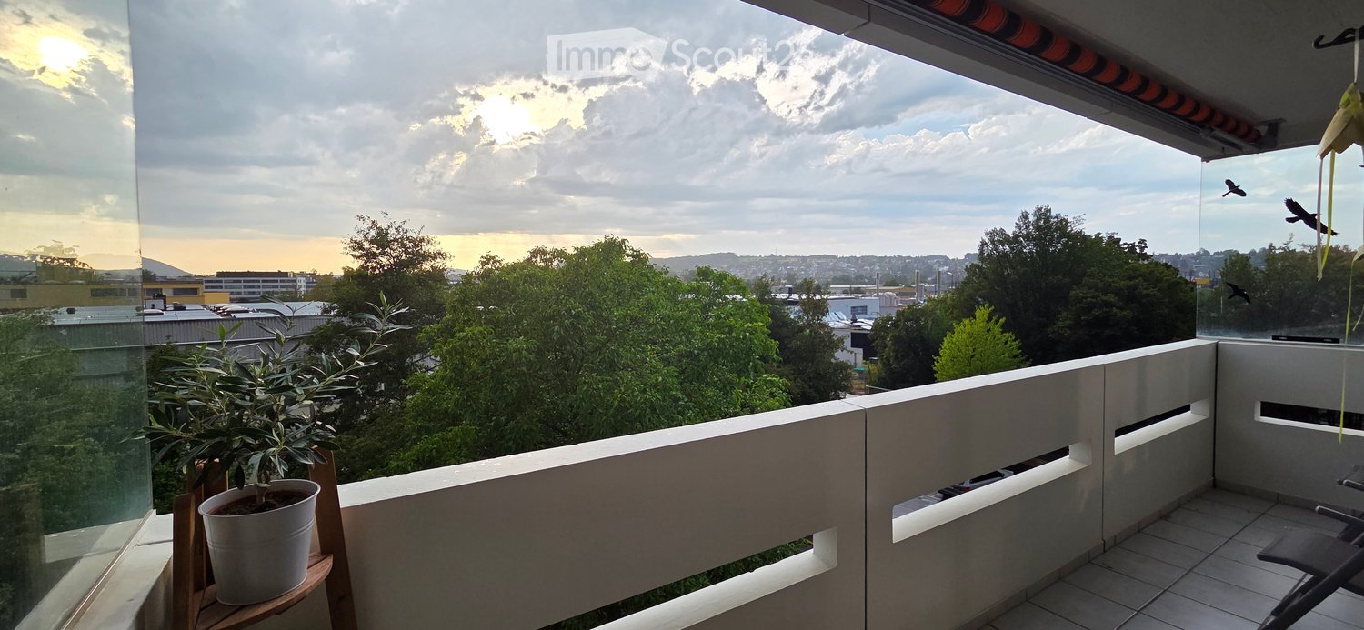 Balcony with modern railing, potted plant, and outdoor furniture, overlooking a cityscape with trees and buildings.