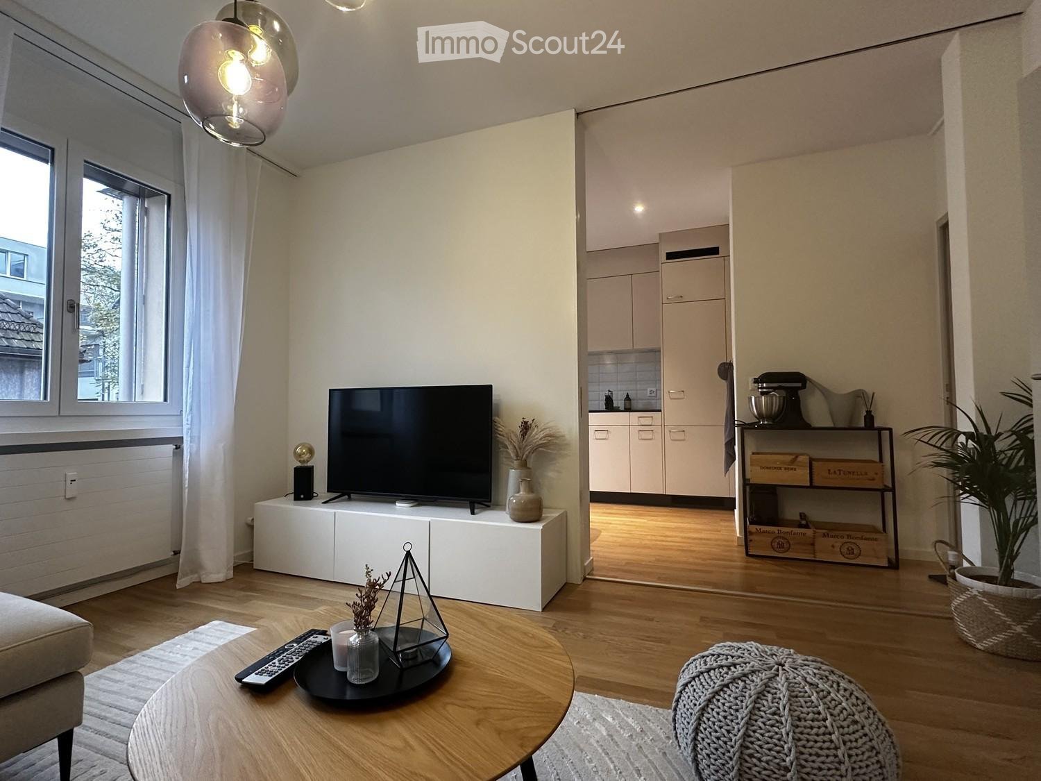 Modern living room with a sofa, coffee table, TV, and a small kitchen area with cabinets and a mixer. The room features wooden flooring, large windows, and decorative items like vases and a potted plant.