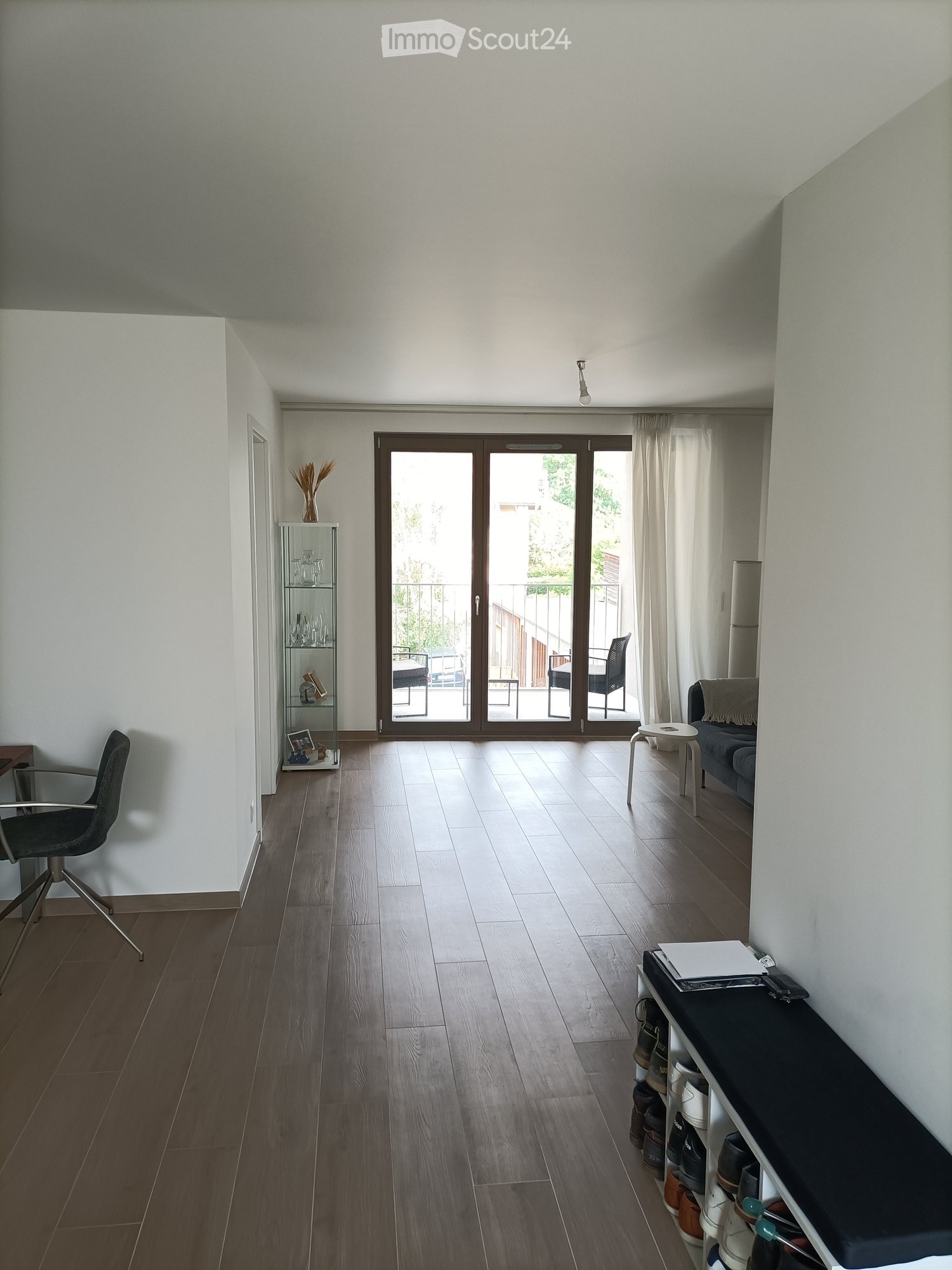 Modern living room with wooden flooring, large sliding glass doors leading to a balcony, a sofa, a chair, a small table, a glass shelf with decorative items, and a shoe rack.