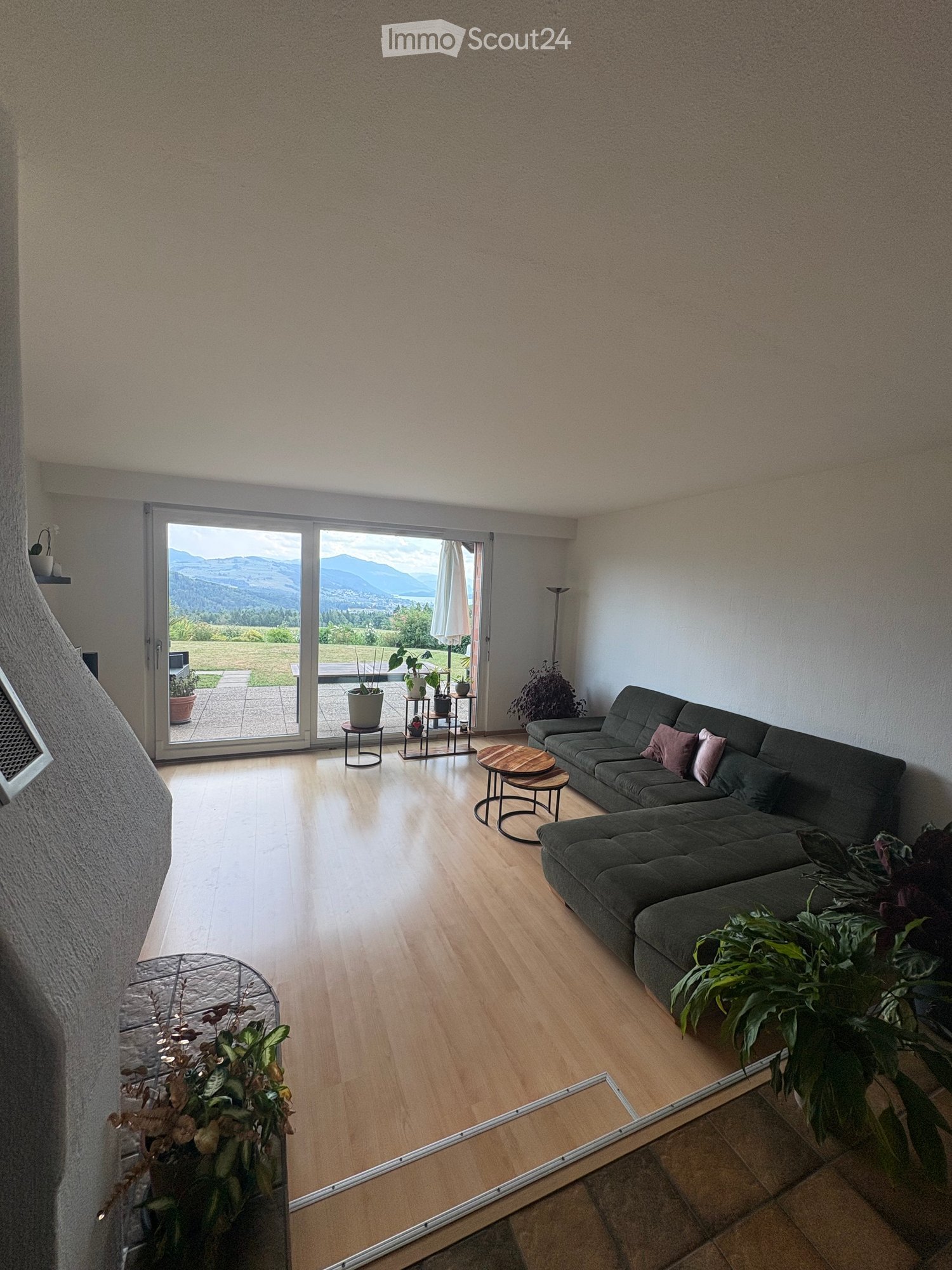 Modern living room with wooden flooring, large window offering a scenic mountain view, grey sectional sofa, coffee table, small round table, and several potted plants.