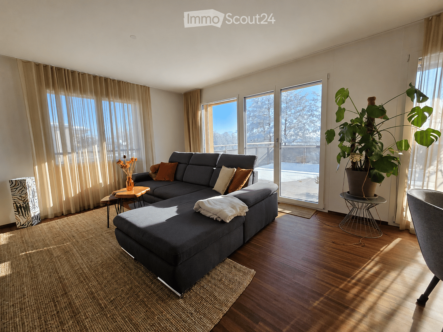 Modern living room with dark grey sectional sofa, wooden coffee table, side tables, potted plant, and large windows with sheer curtains.