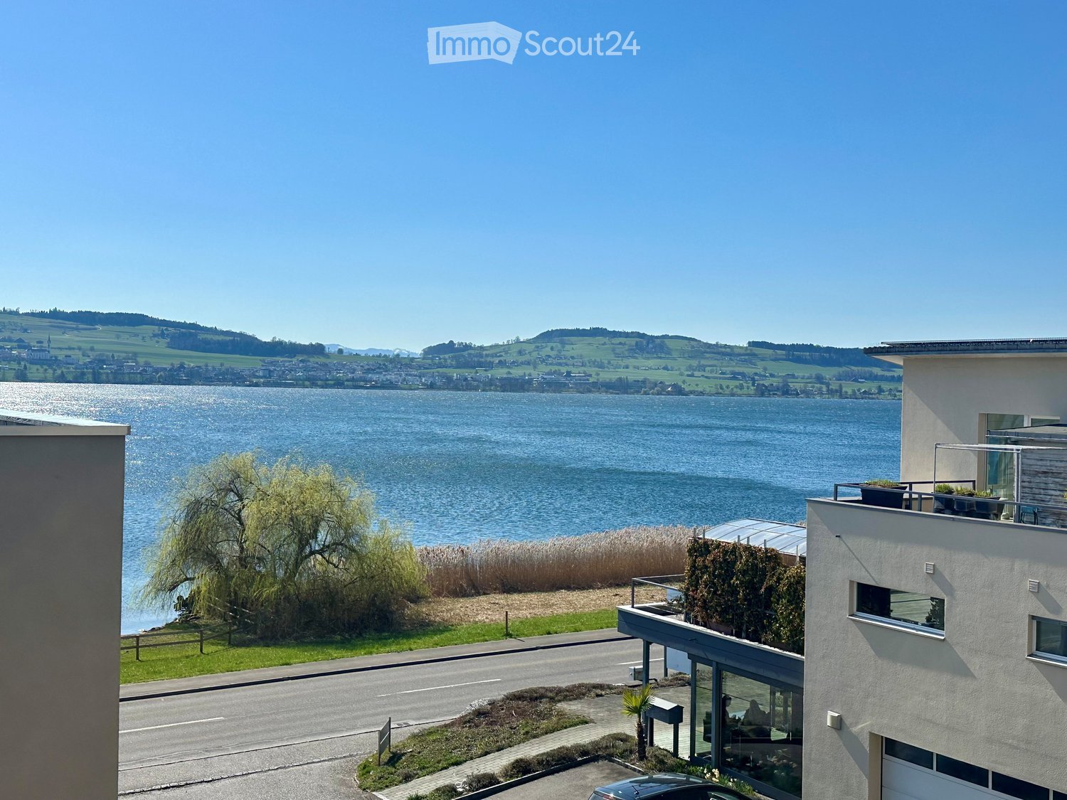 Modern house with lake view, balcony, and garden