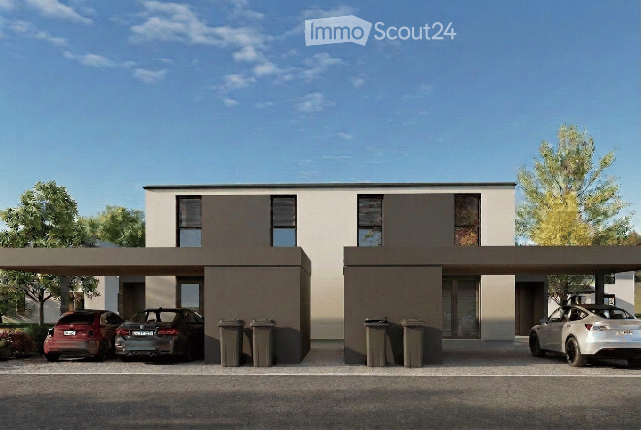 Modern two-story house with a flat roof, large windows, and a covered parking area for multiple cars.