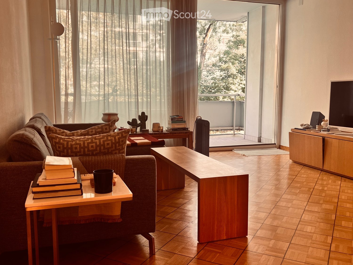 Modern living room with wooden flooring, large windows, and a balcony. Features a grey sofa with patterned cushions, a wooden coffee table, a side table with books and a cup, a TV stand with a television, and decorative items including a cactus and a vase