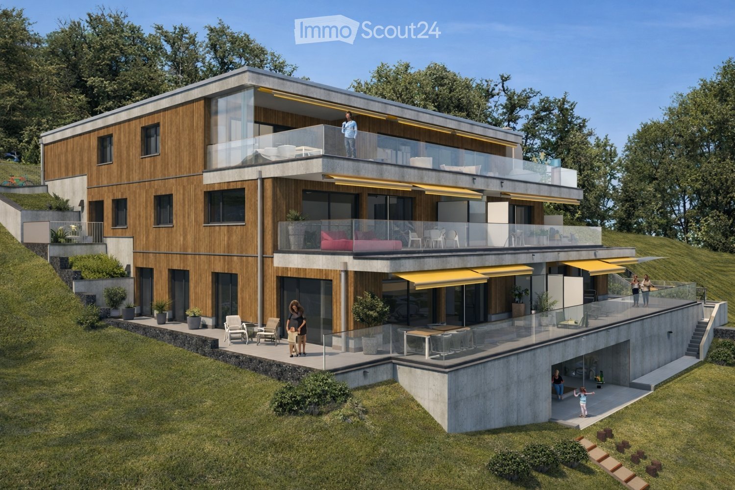 Modern two-story house with wooden and concrete exterior, multiple balconies, raised ground floor, and outdoor seating areas.