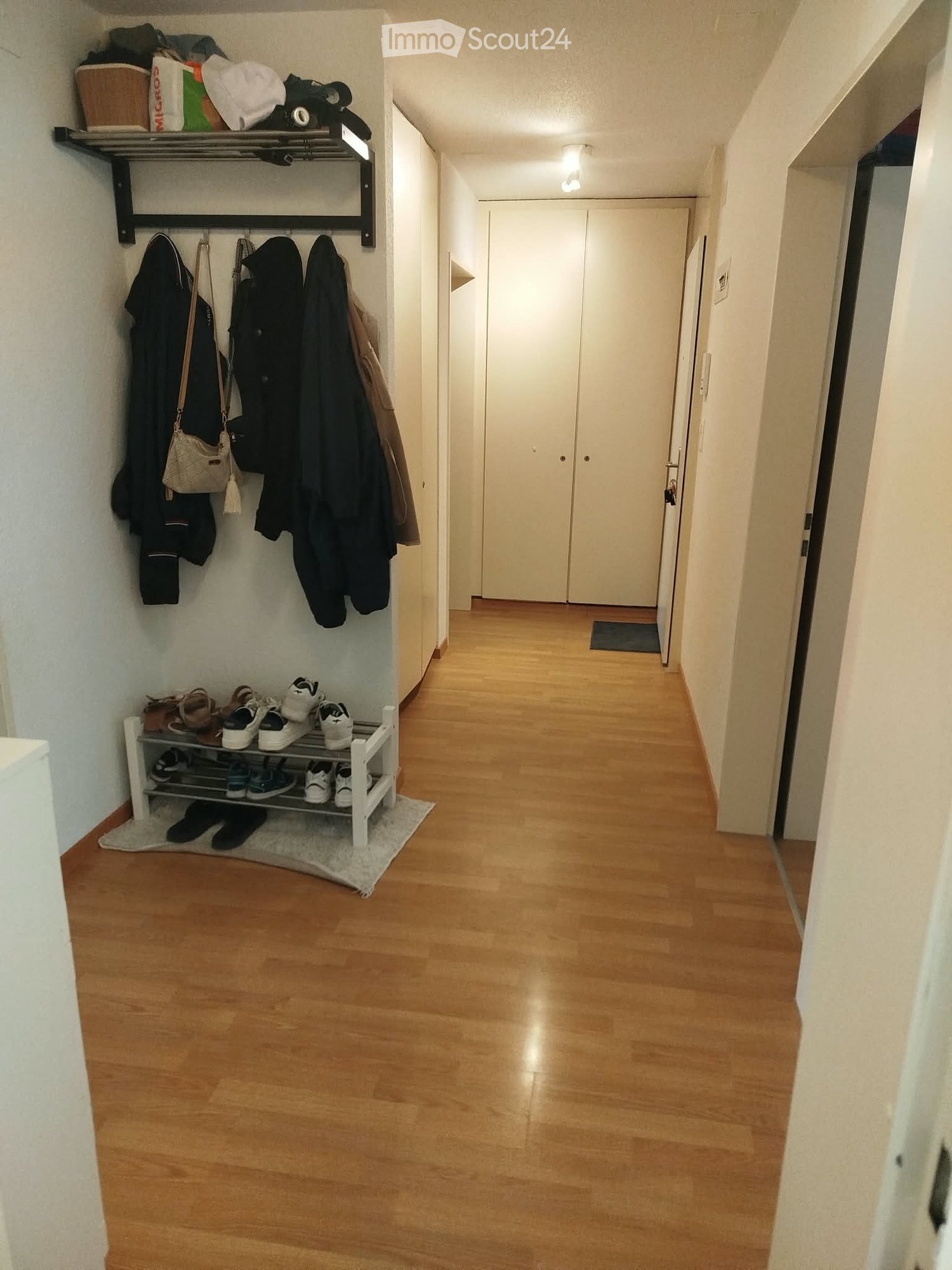 A narrow hallway with wooden flooring, white walls, and a coat rack with jackets and shoes. A small shoe rack is placed near the entrance.