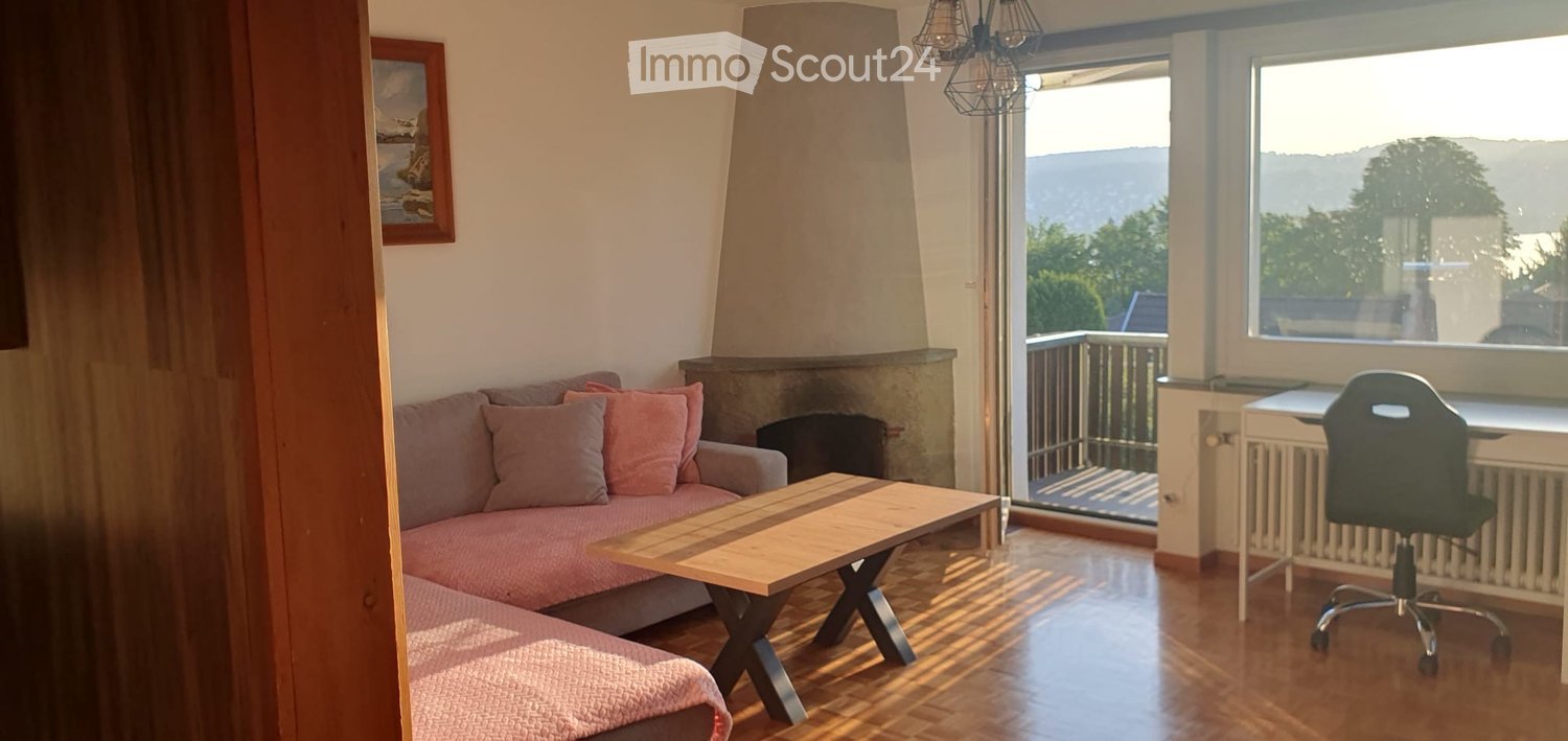 Cozy living room with a grey sofa, pink cushions, wooden coffee table, fireplace, and a view of the landscape through large windows.