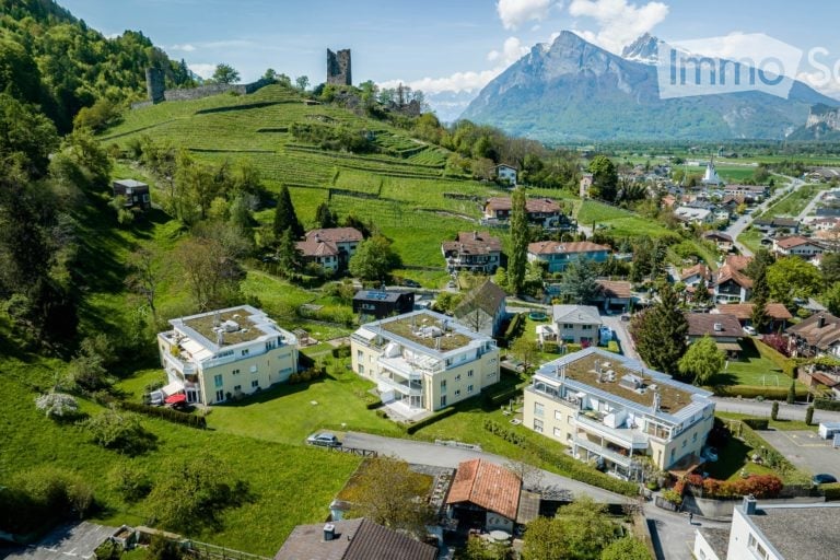 Aerial view of a village nestled in a lush green valley with mountains in the background. The village features a mix of residential buildings, including modern apartments and traditional houses, surrounded by fields and trees.