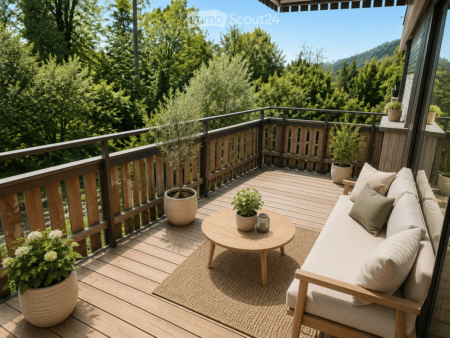 Wooden balcony with a sofa, coffee table, and potted plants, overlooking a lush green forest.