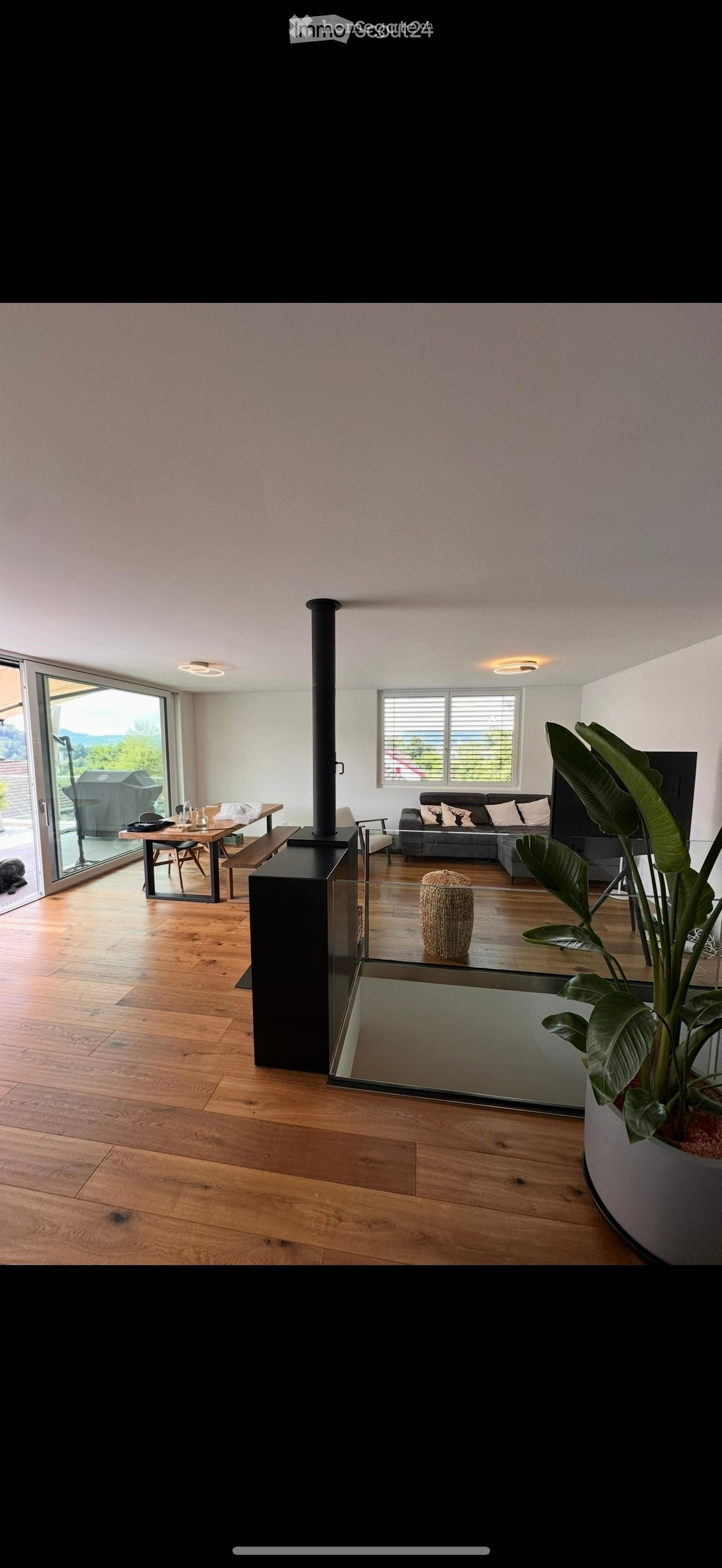Modern living room with wooden flooring, large windows, fireplace, sofa, coffee table, dining area, and plants.
