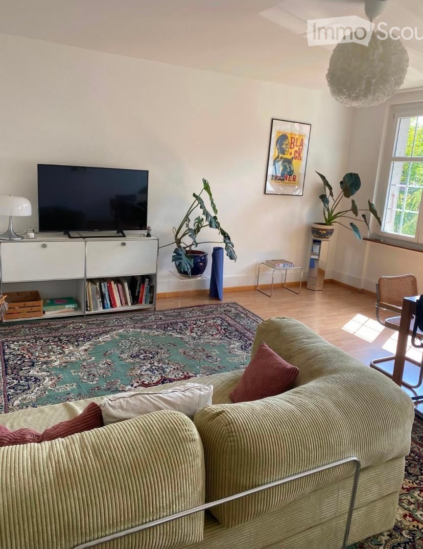 Bright living room with a green sofa, coffee table, bookshelf, TV, table lamp, and potted plants. The room features wooden flooring and large windows letting in natural light.