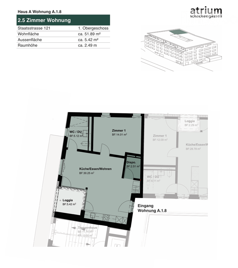 Floor plan of a 2.5-room apartment with living/dining area, kitchen, bedroom, WC/DU, and loggia.