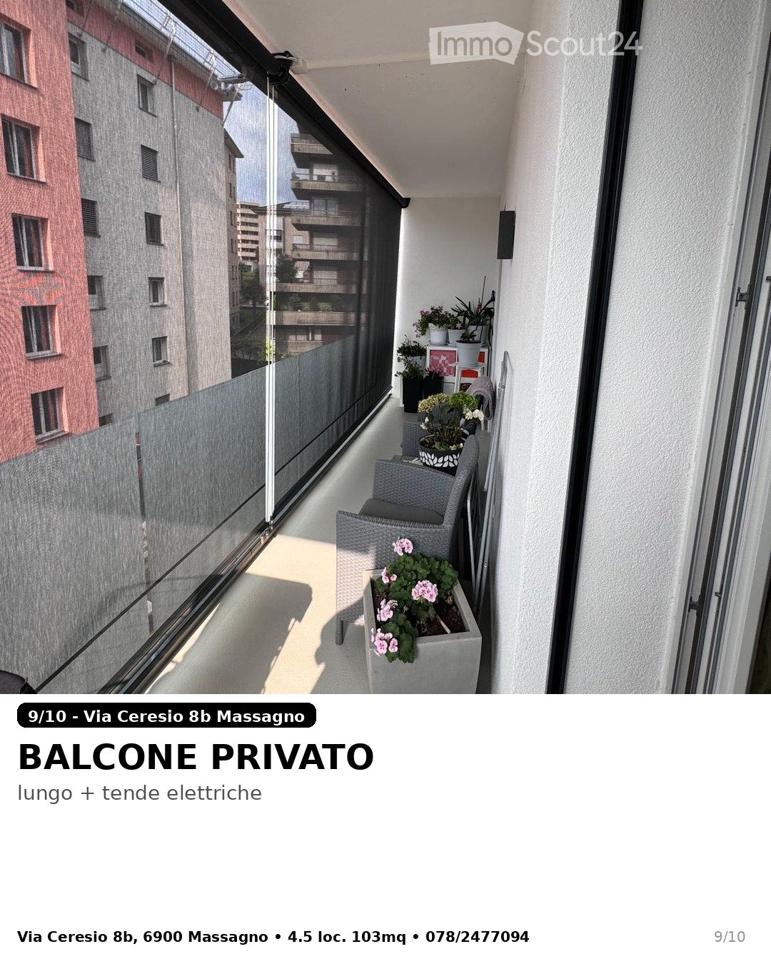 Private balcony with a modern glass railing, featuring a grey wicker chair and a flower pot with pink flowers.