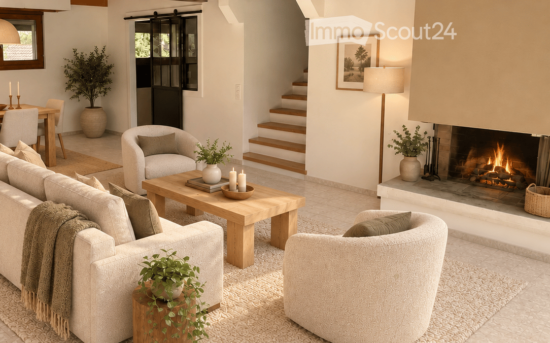 Modern living room with a fireplace, sofa, coffee table, armchairs, floor lamp, and decorative plants.