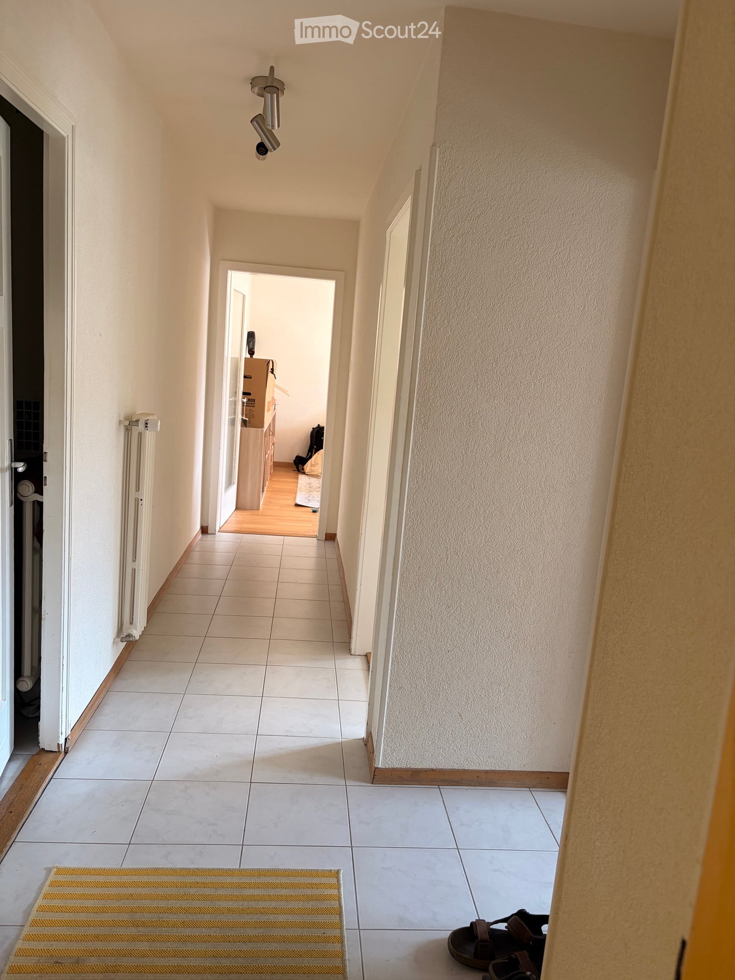 A narrow hallway with tiled flooring, white walls, and a visible door at the end leading to another room. A small rug and a pair of shoes are placed near the entrance.