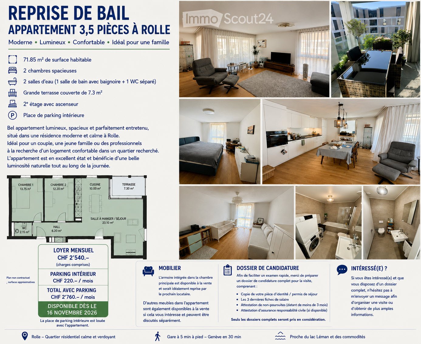 Floor plan of a 3.5-room apartment with 2 bedrooms, 2 bathrooms, kitchen, living/dining area, and covered terrace. Includes layout dimensions and rental details.