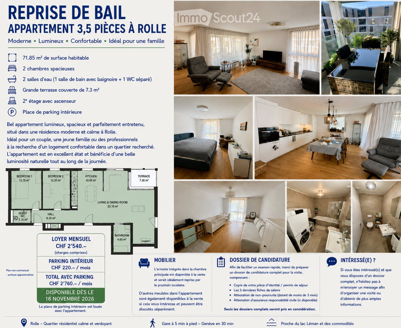 Floor plan of a 3.5-room apartment with 71.85 m² of living space, 2 spacious bedrooms, 2 bathrooms, large covered terrace, 2nd floor with elevator, and indoor parking space.