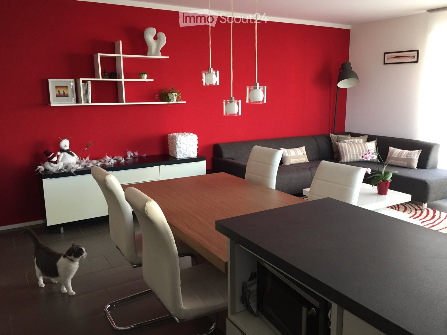 Modern living room with red accent wall, grey sectional sofa, white chairs, wooden dining table, white shelving unit, decorative items, and a cat.