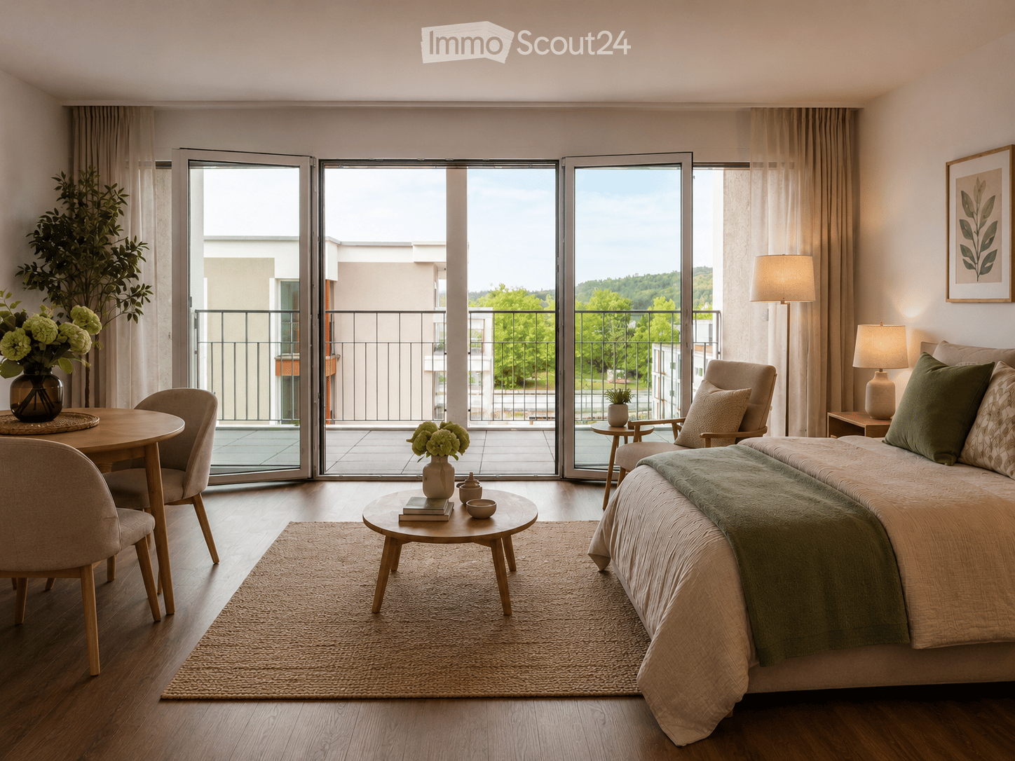 Modern bedroom with large sliding glass doors leading to a balcony, a bed with pillows and a blanket, a round wooden table with chairs, a side table with a lamp, and decorative vases.