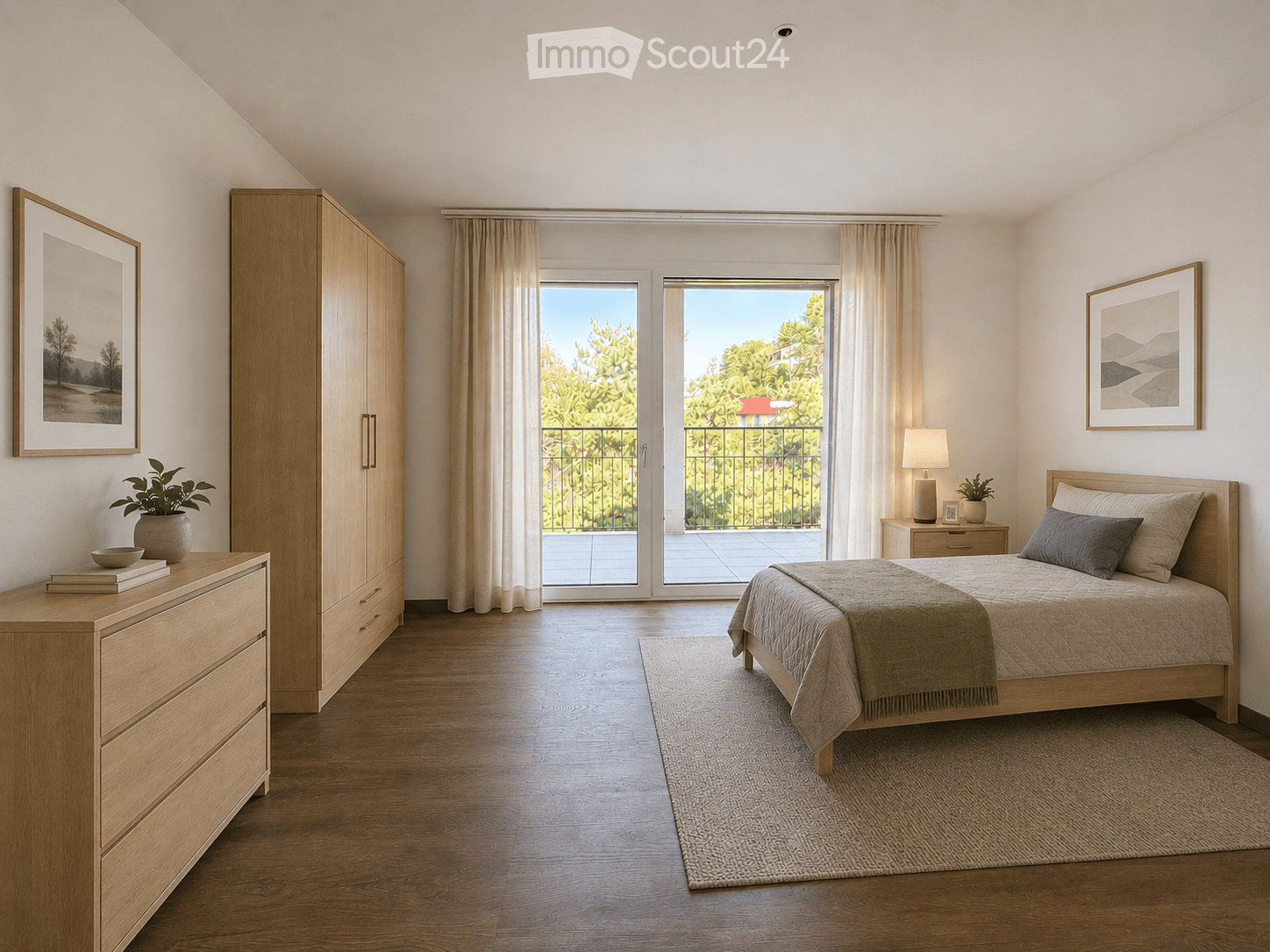 Bright, airy bedroom with wooden flooring, large windows opening to a balcony, a neatly made bed with pillows and a blanket, a nightstand with a lamp, a wardrobe, a dresser with books and a potted plant, and framed artwork on the walls.