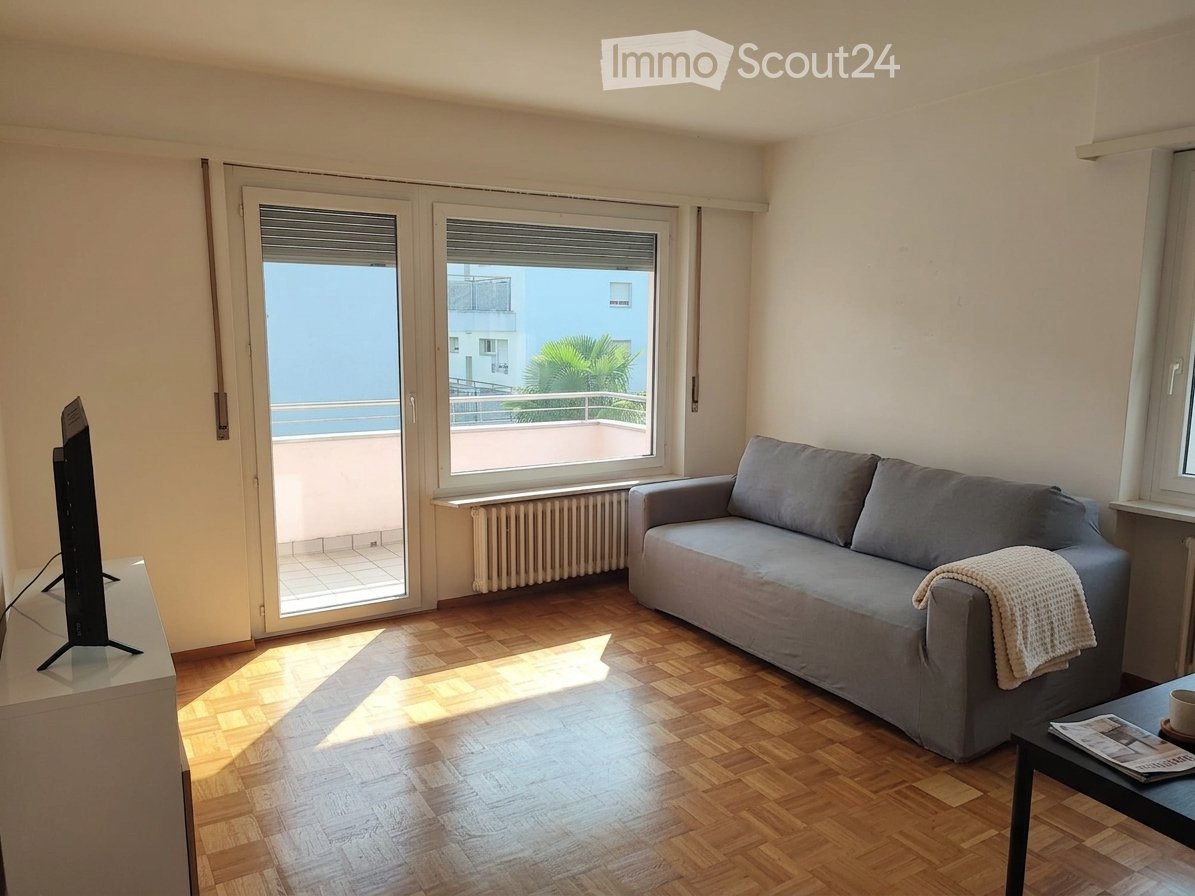 Bright living room with wooden flooring, large windows, and a balcony view. Features a grey sofa, coffee table, and television.