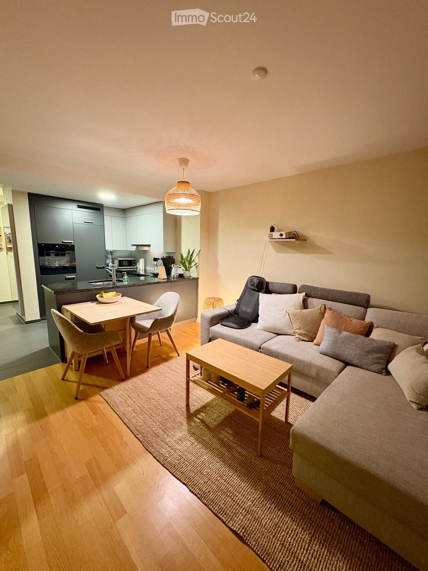 Modern living and dining area with a grey sectional sofa, wooden coffee table, dining table with chairs, and a small kitchen area with cabinets and appliances.