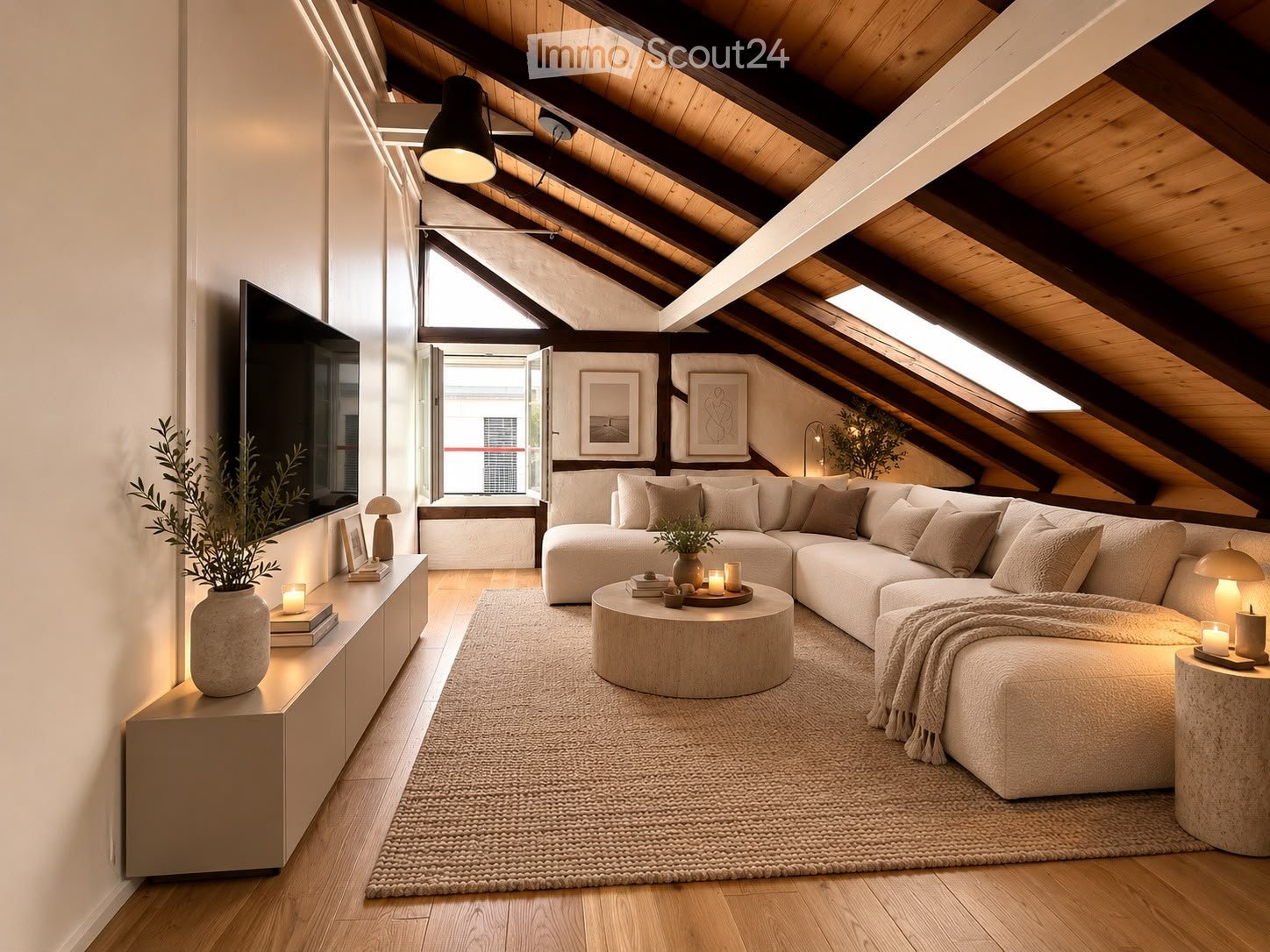 Modern living room with exposed wooden beams, large sectional sofa, coffee table, side tables, and decorative items.