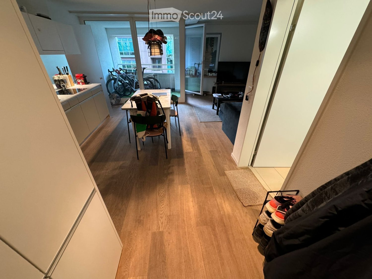 A well-lit hallway with wooden flooring, leading to a kitchen and living area. The hallway features a shoe rack on the right and a small rug near the entrance.