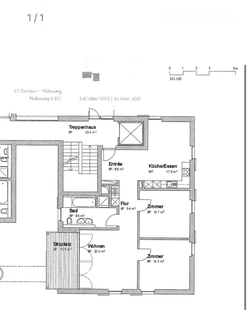 Floor plan of a 3.5-room apartment on the ground floor, including entrance, kitchen/dining area, living area, bedroom, bathroom, and hallway.