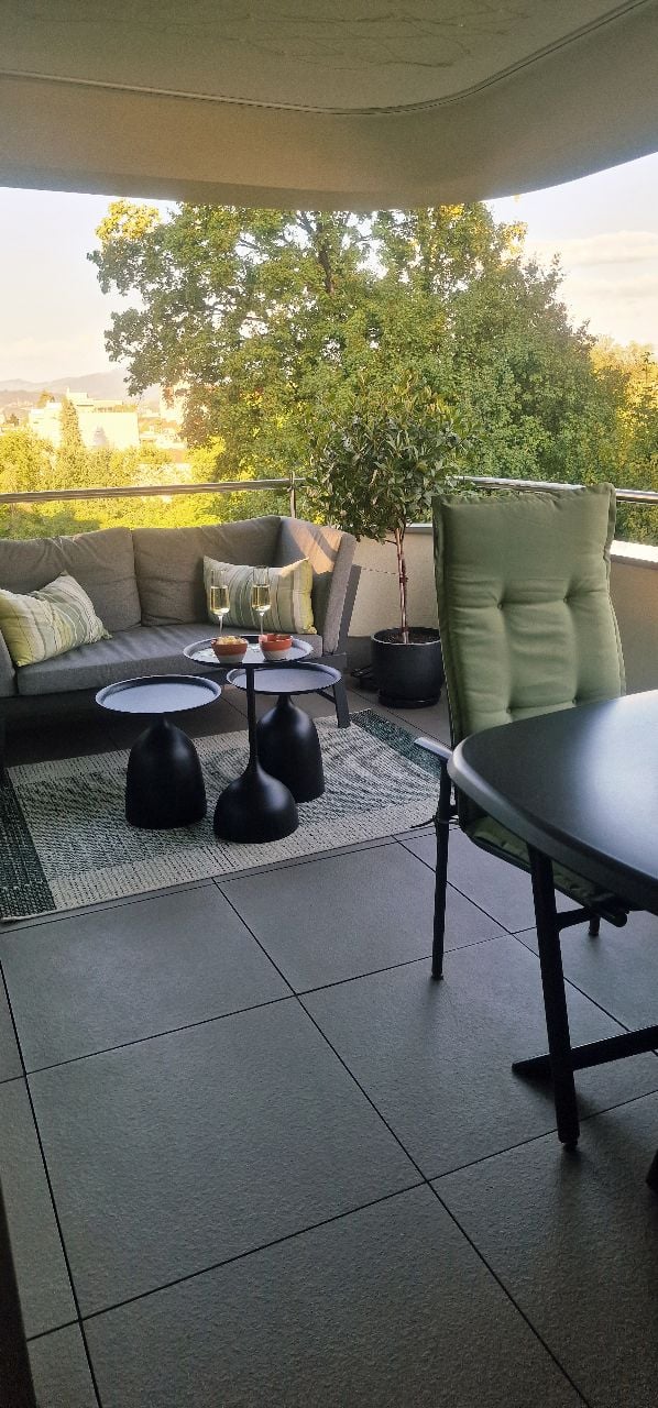 Balcony with grey sofa, black tables, and a potted plant, overlooking a green view.