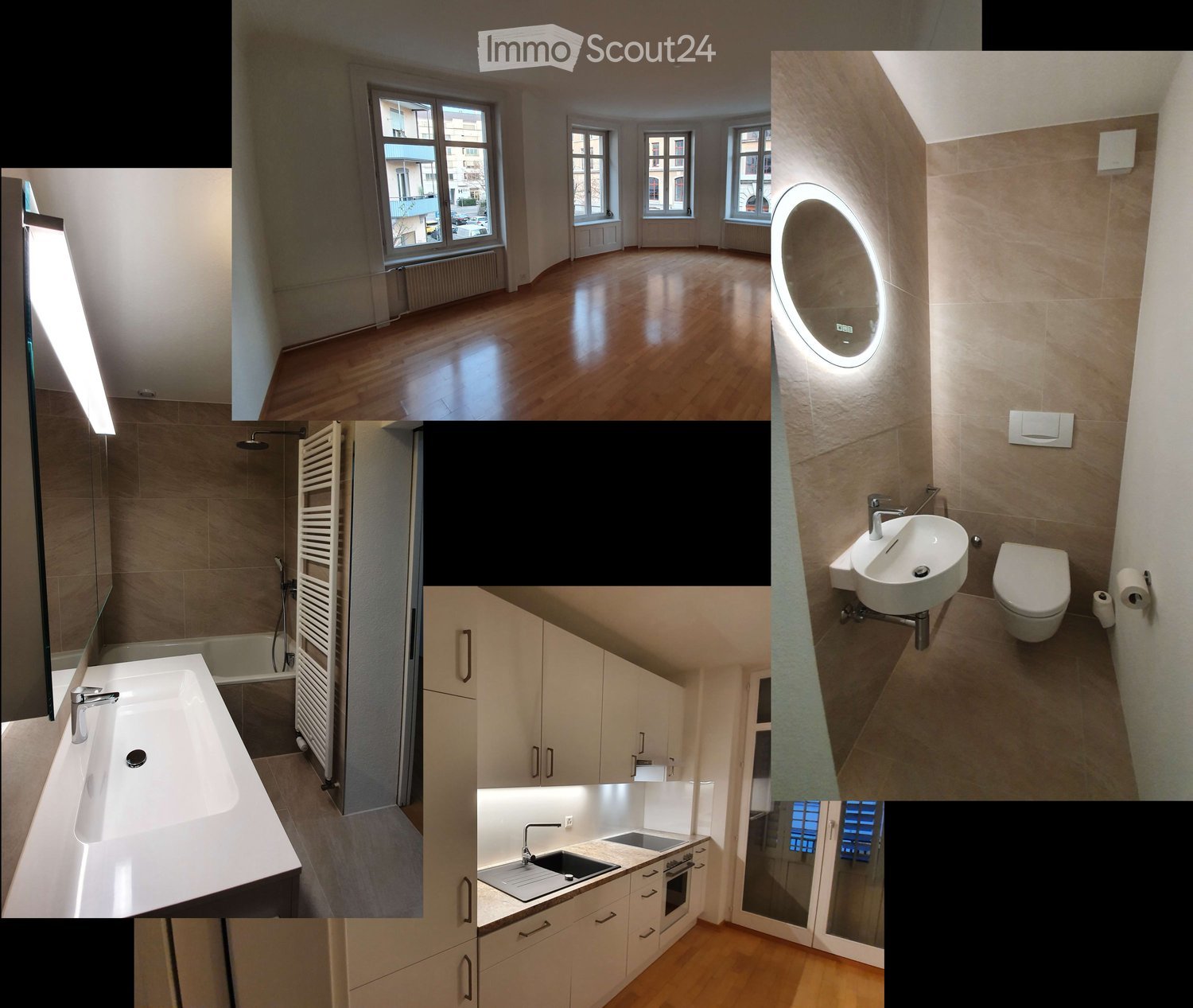 A collage of unfurnished rooms including a living space, kitchen, bathroom, and hallway with modern finishes and natural light.