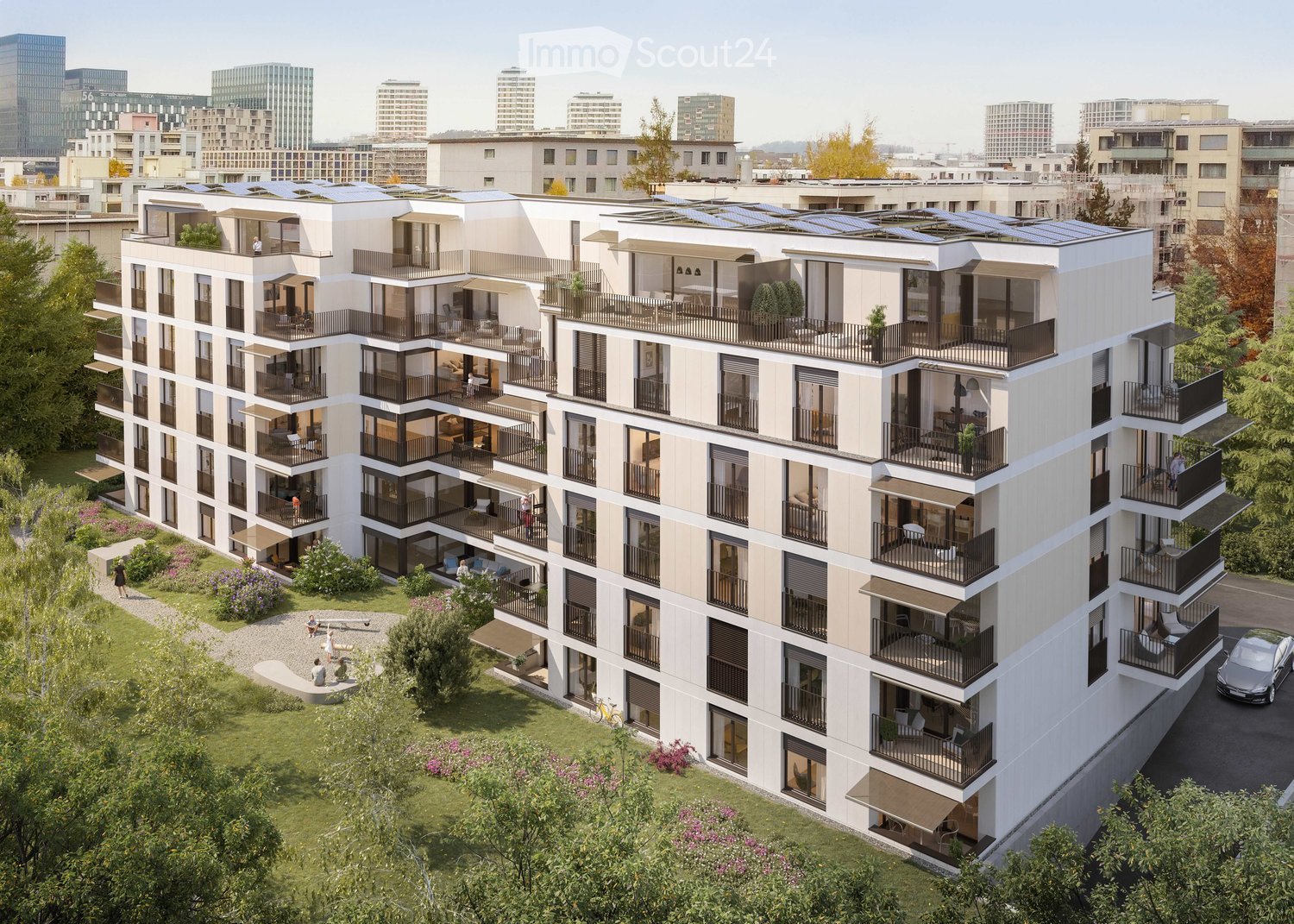 Modern multi-story residential building with balconies, large windows, and solar panels on the roof, surrounded by greenery and urban skyline.