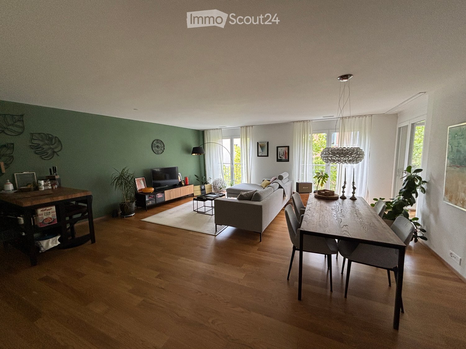 Open-plan living and dining area with wooden flooring, large windows, a grey sofa, a dining table with chairs, a TV stand, and decorative plants.