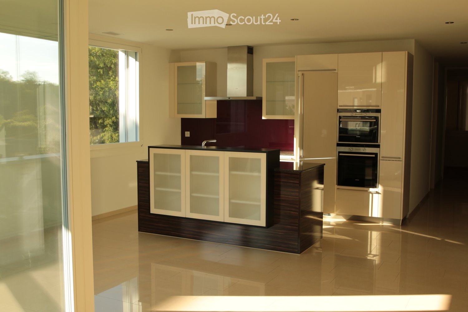 Modern kitchen with light-colored cabinets, dark countertops, and built-in ovens. Features large windows and a central island with glass-fronted cabinets.