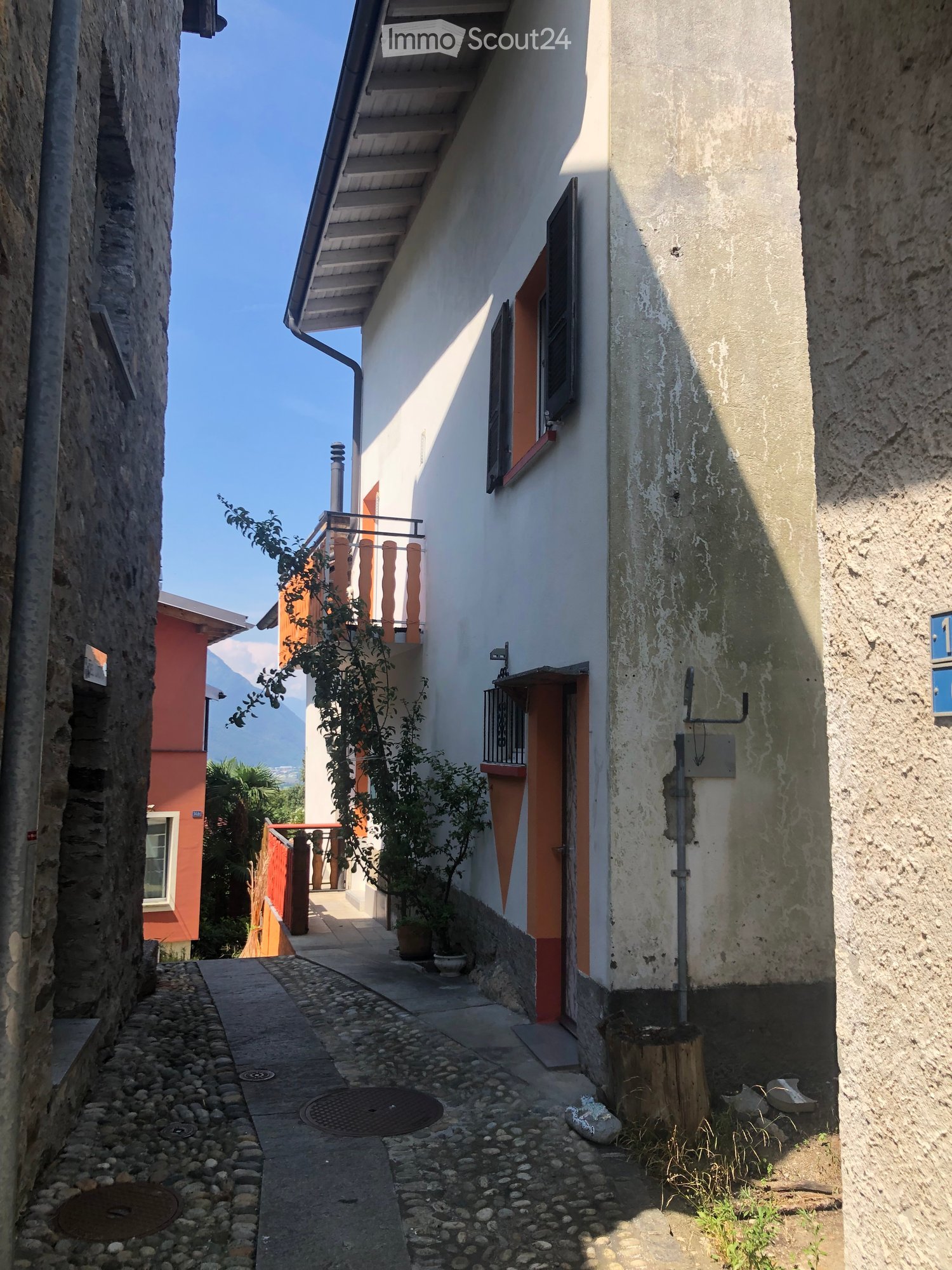 A narrow alleyway between two buildings, one with a balcony and small potted plants, the other with a weathered facade and a small tree stump.
