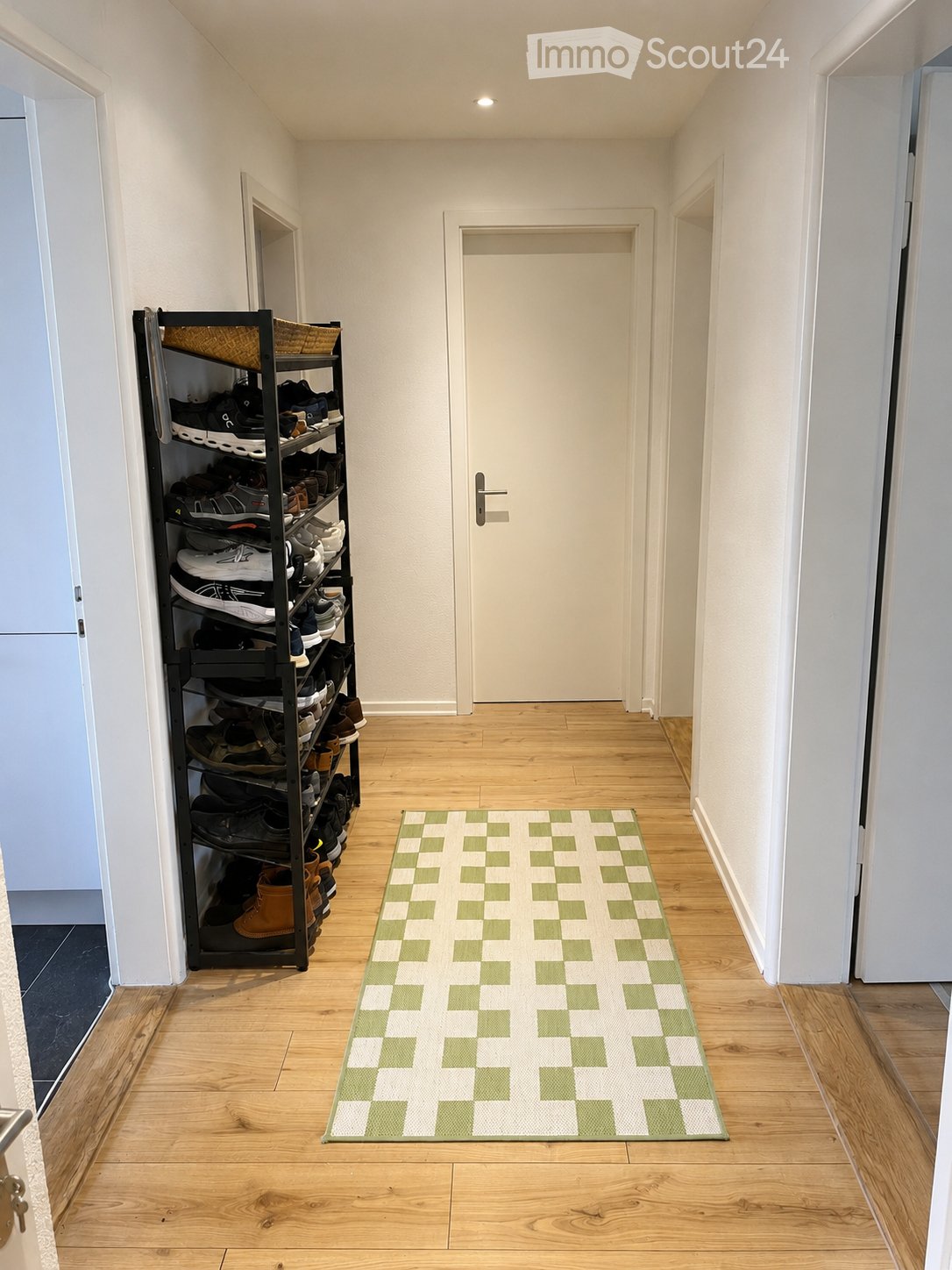 A narrow hallway with wooden flooring, white walls, and a green and white checkered rug. A black shoe rack filled with various shoes is positioned on the left side, and a closed white door is visible at the end of the hallway.