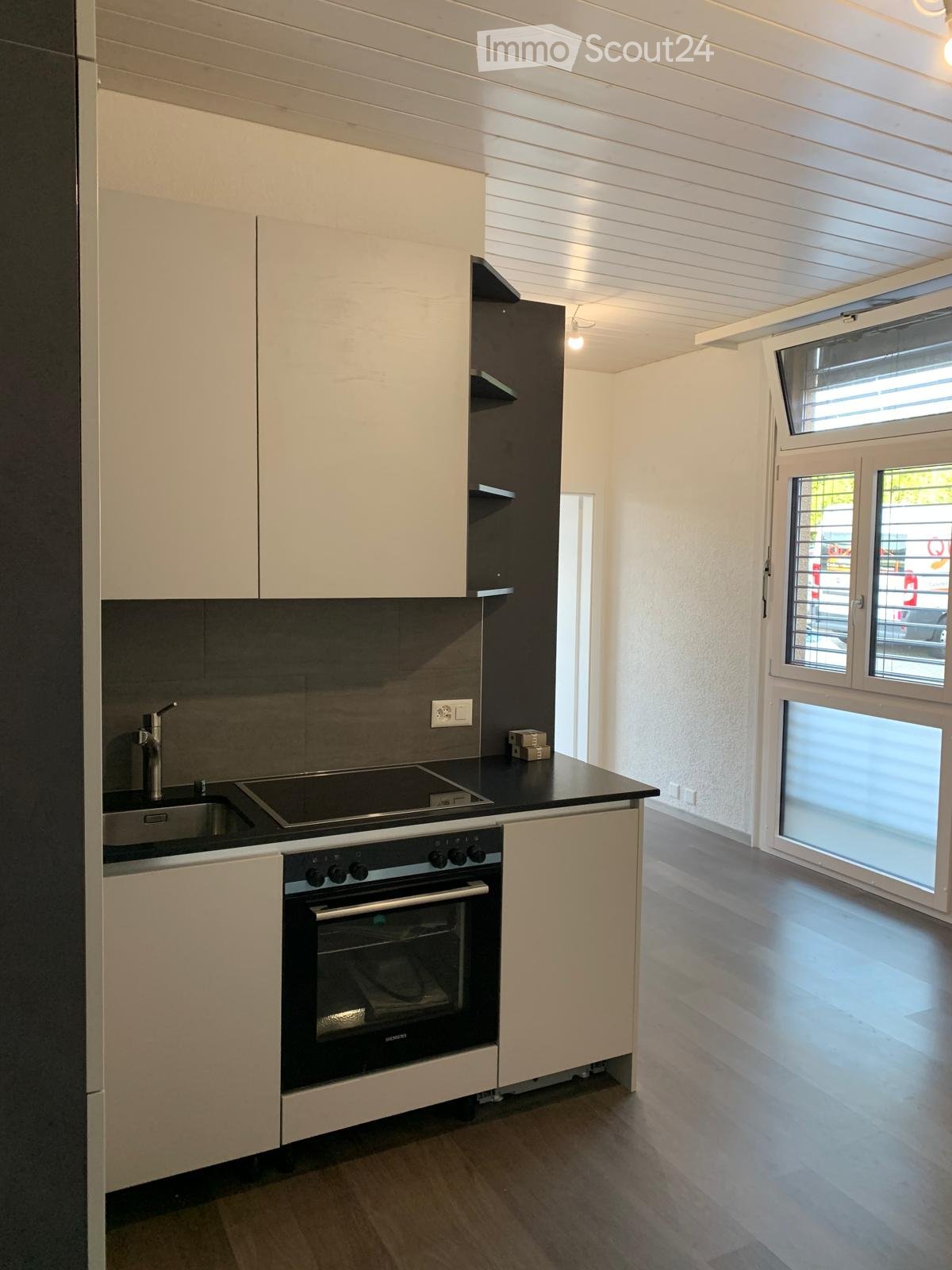 Modern kitchen with white cabinets, black countertop, stainless steel sink, and built-in oven. Large windows provide natural light.