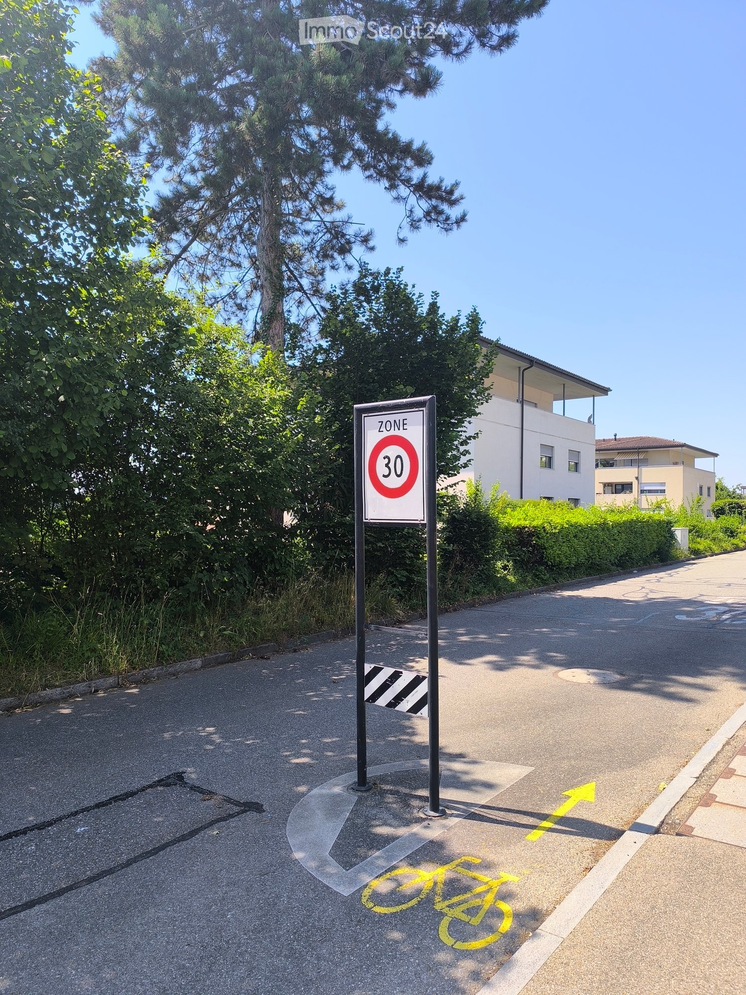 Residential street with a speed limit sign (30 km/h), bicycle lane markings, and surrounding greenery with houses in the background.