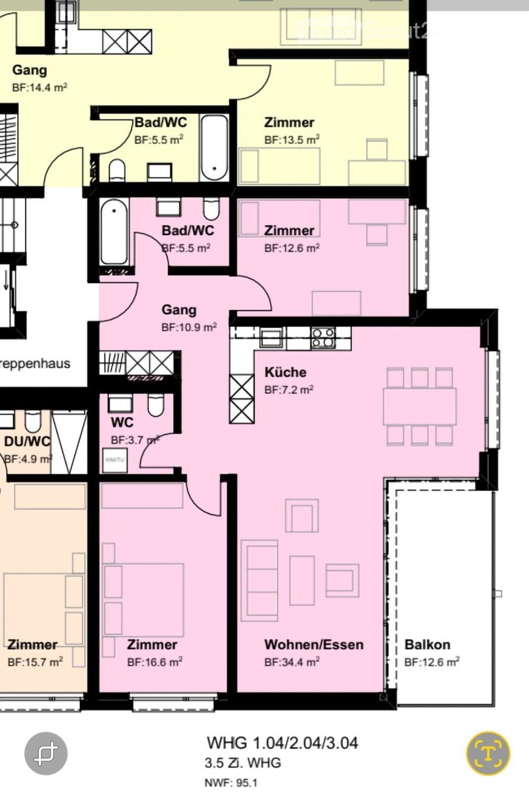Floor plan of a 3.5-room apartment with living/dining area, kitchen, 2 bedrooms, 2 bathrooms, hallway, and balcony.