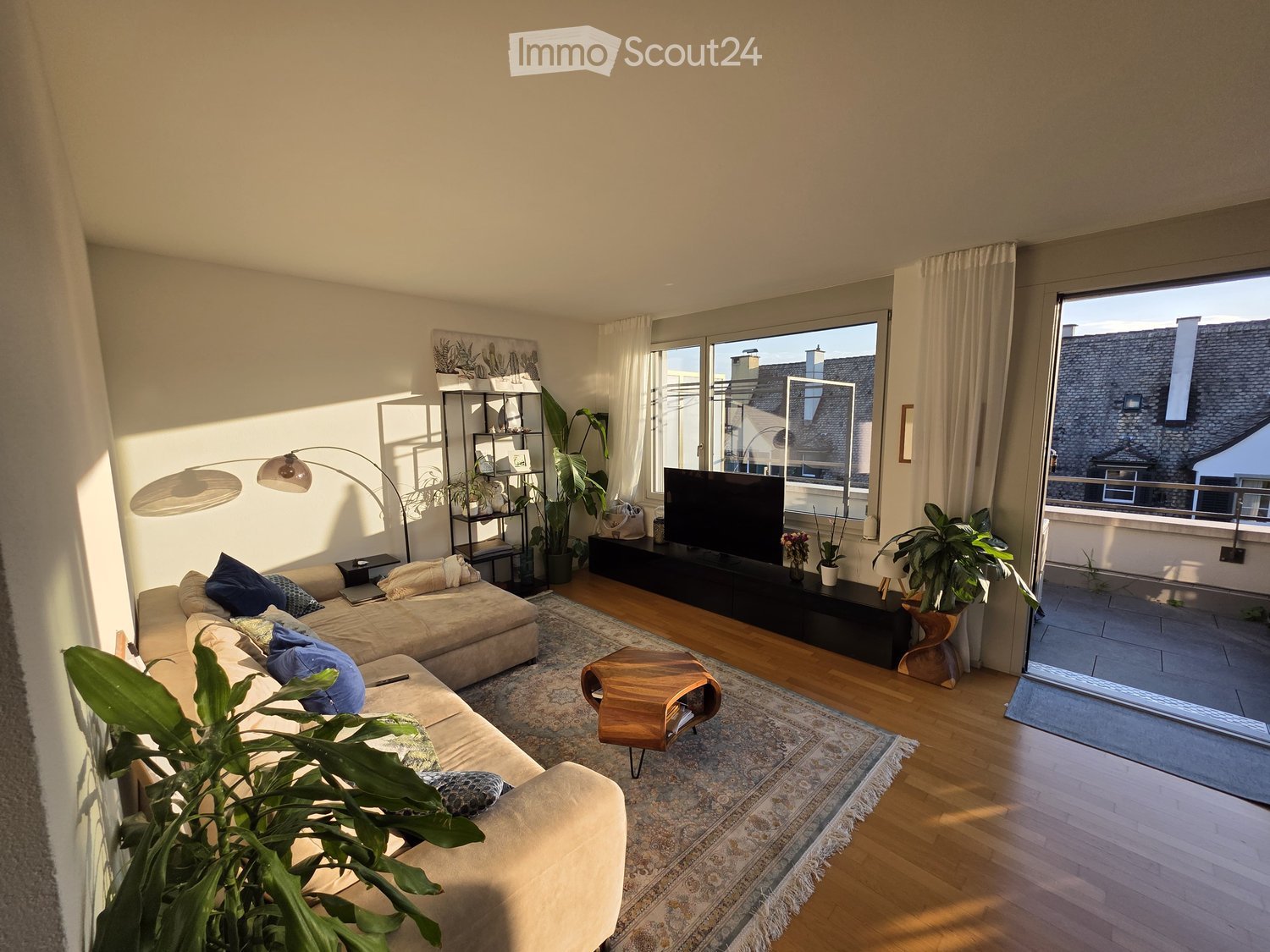 Bright living room with large windows and a view, featuring a beige sectional sofa, coffee table, TV, floor lamp, side table, shelf, and plants.