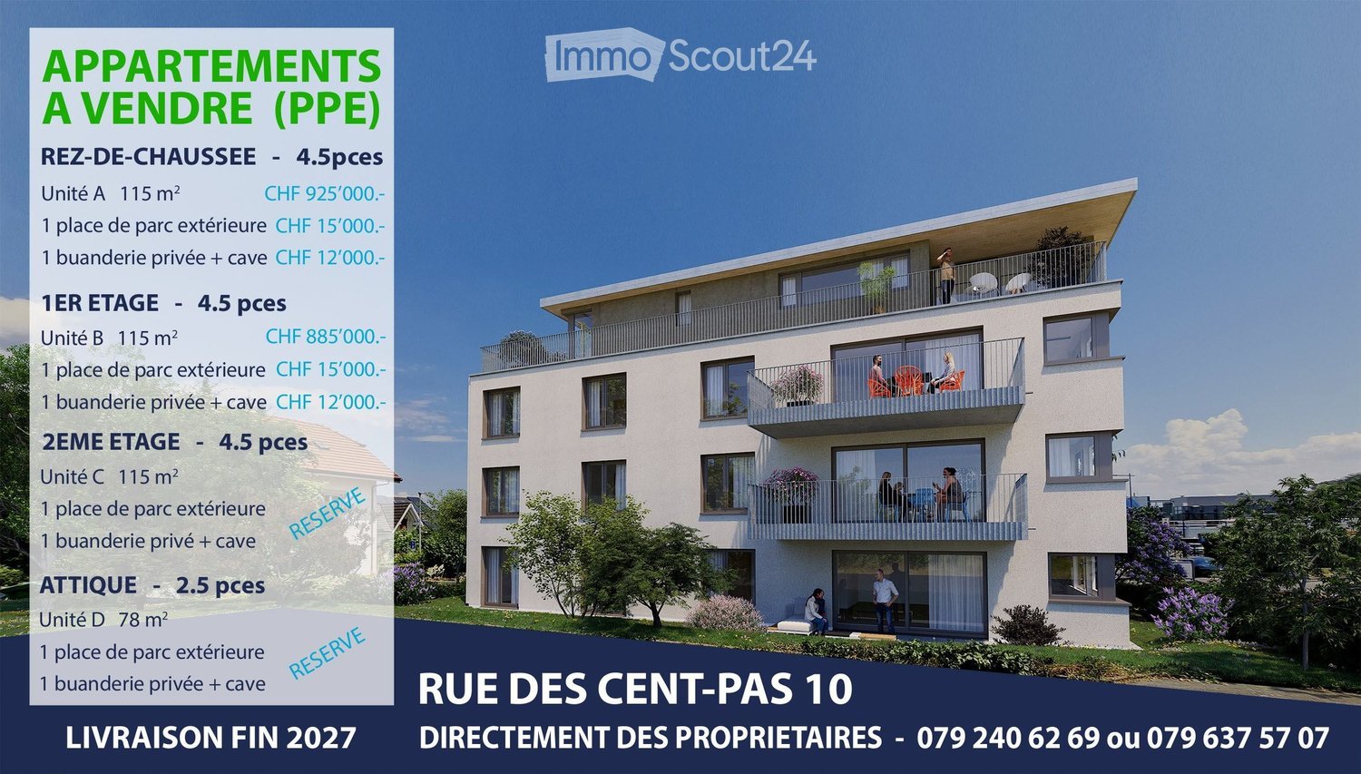 Modern three-story apartment building with balconies, large windows, and a well-maintained garden area.