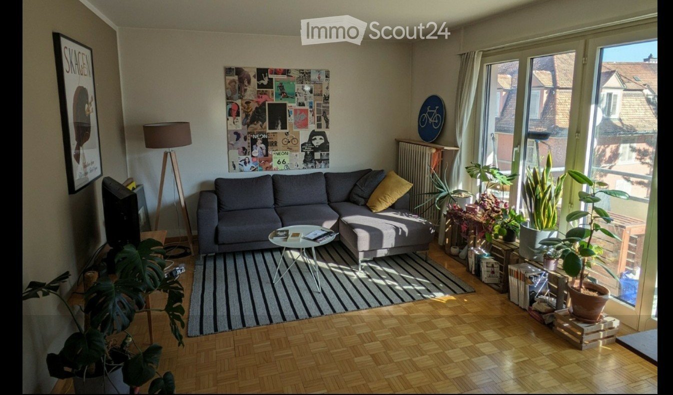 Bright living room with wooden flooring, grey sectional sofa, coffee table, floor lamp, potted plants, and large windows offering a view of the street.