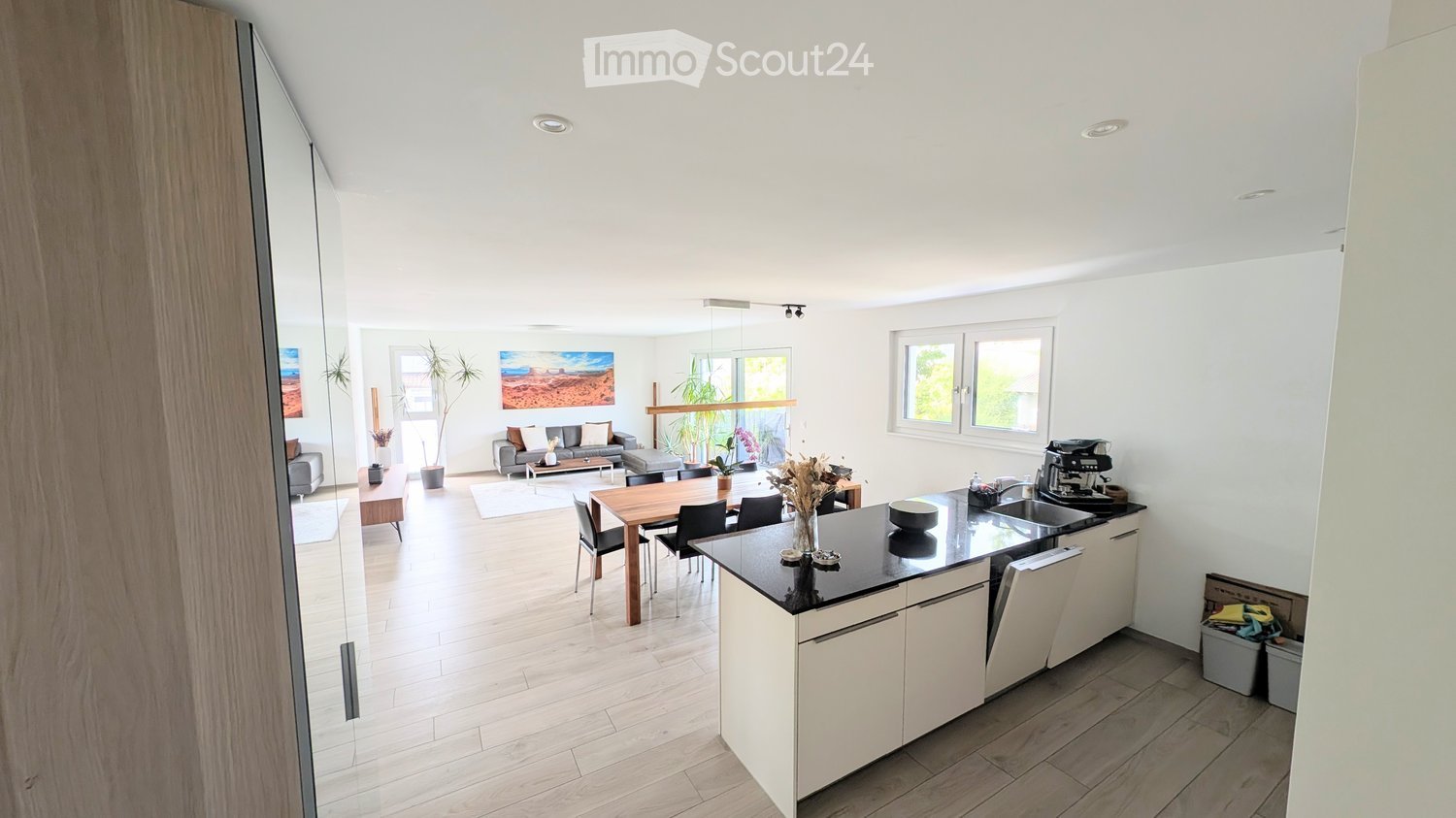 Open-plan living and dining area with a modern kitchen, featuring a sofa, coffee table, dining table, chairs, and a kitchen island with a sink and coffee machine.