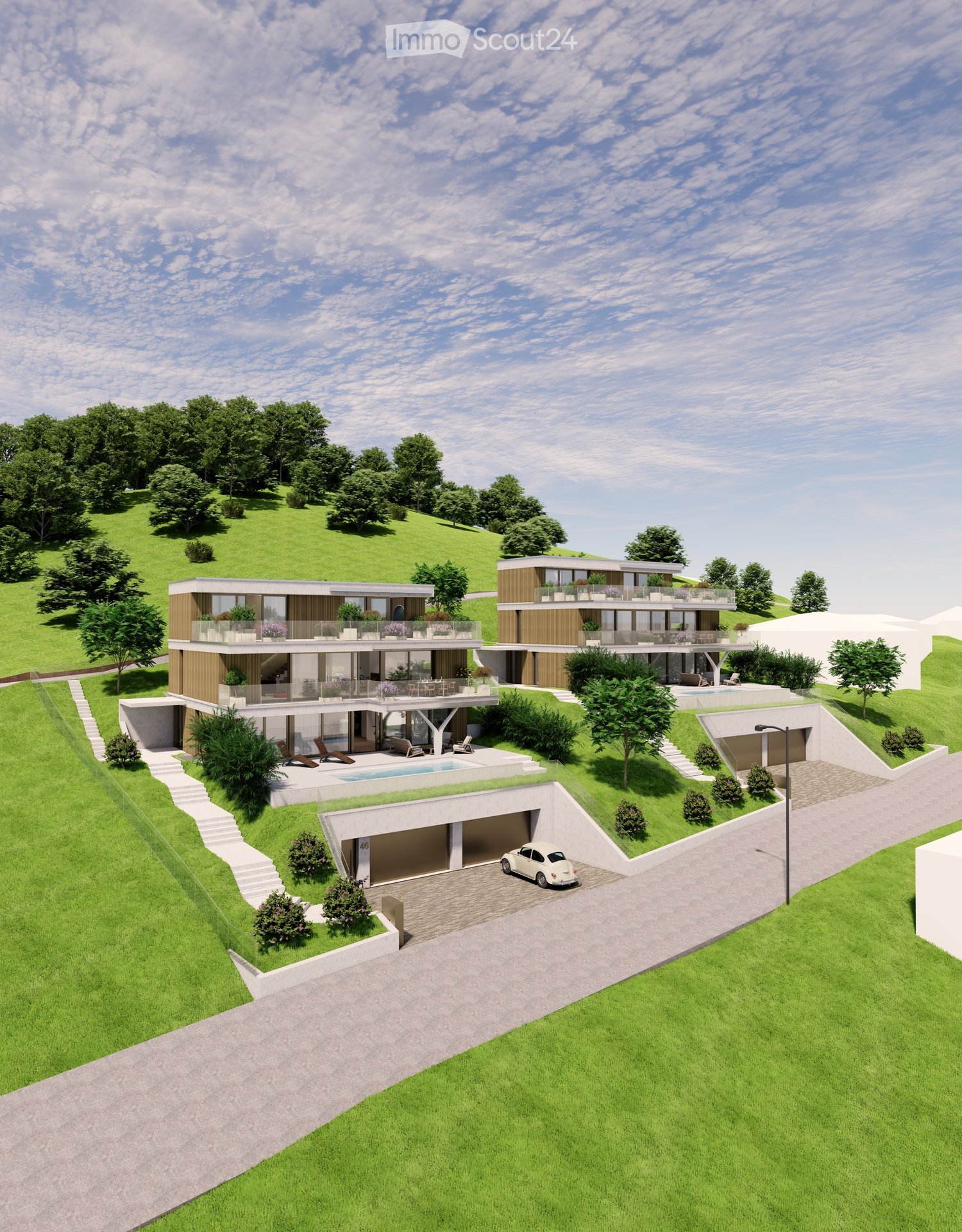Modern two-story house with a raised ground floor, garage, swimming pool, and balconies.