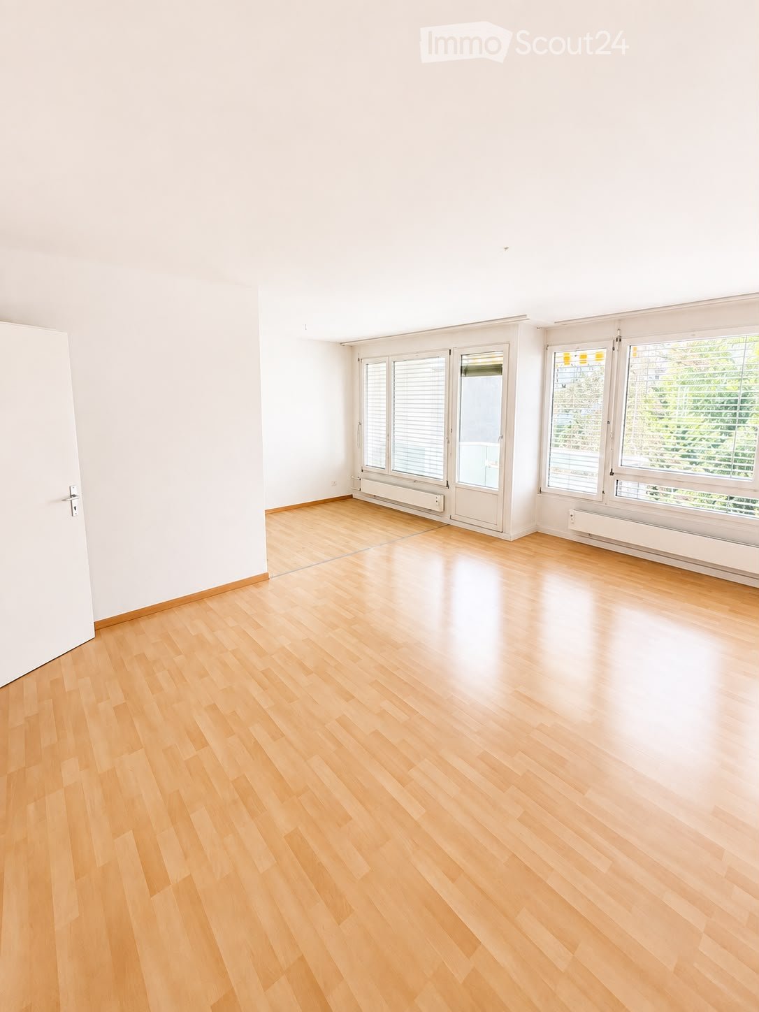 Empty room with light wooden flooring, white walls, large windows with blinds, and a door leading outside.