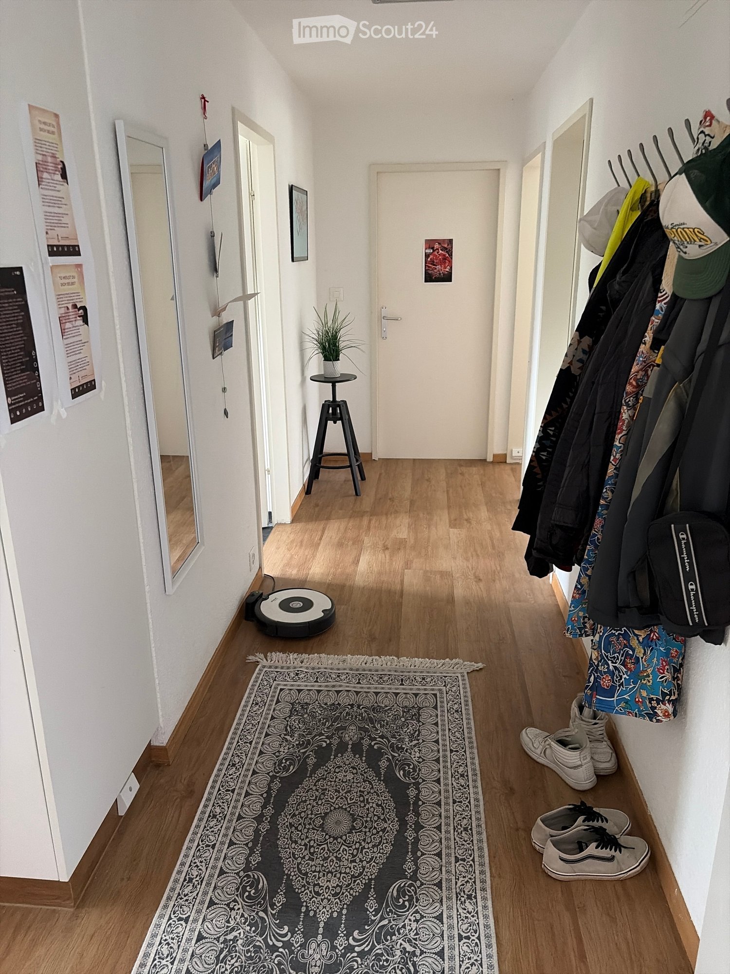 Hallway with wooden flooring, white walls, and several doors. Features a patterned rug, a small black stool with a potted plant, a coat rack with jackets and hats, and a few pairs of shoes on the floor.