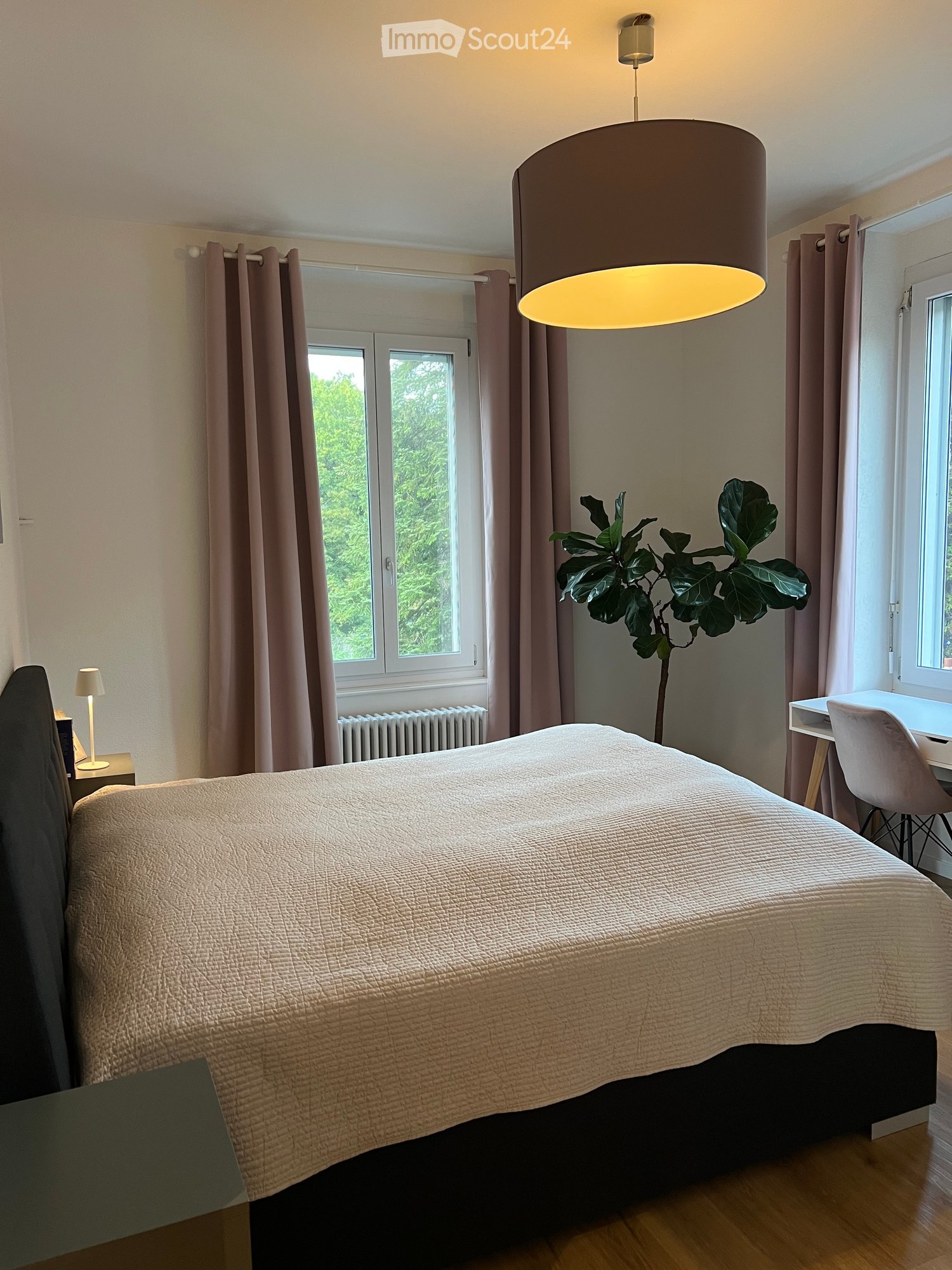 Cozy bedroom with a large bed, nightstand with lamp, desk with chair, and a leafy plant near the window.