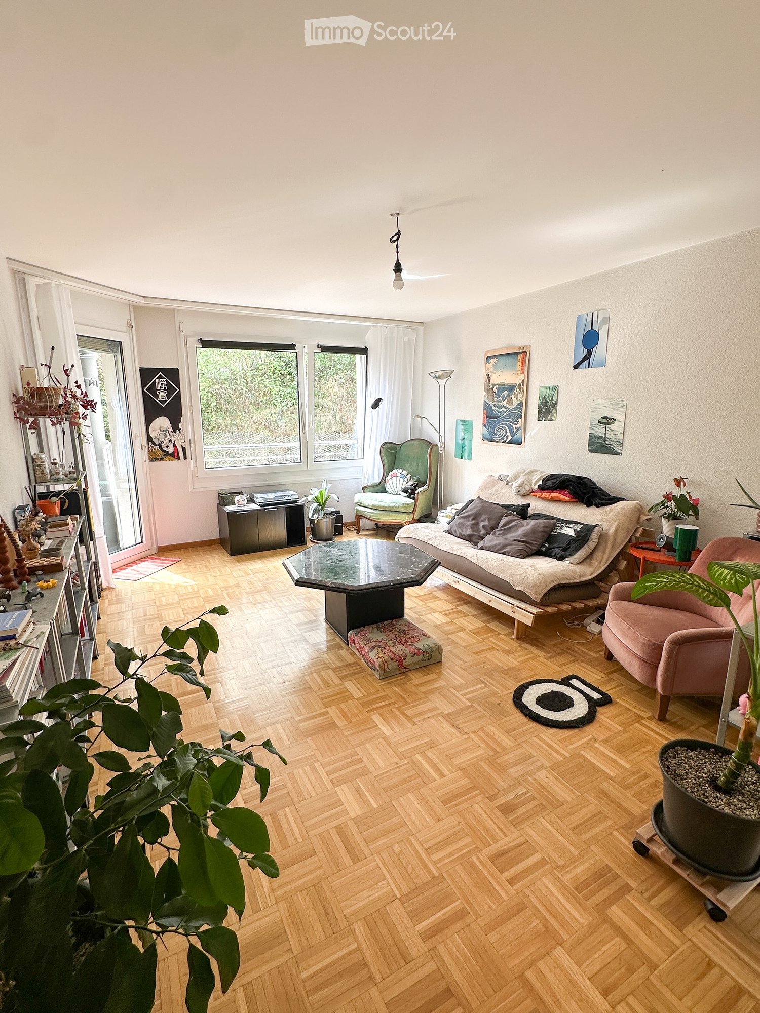 Bright living room with wooden flooring, large windows, a sofa, coffee table, armchair, and decorative plants.