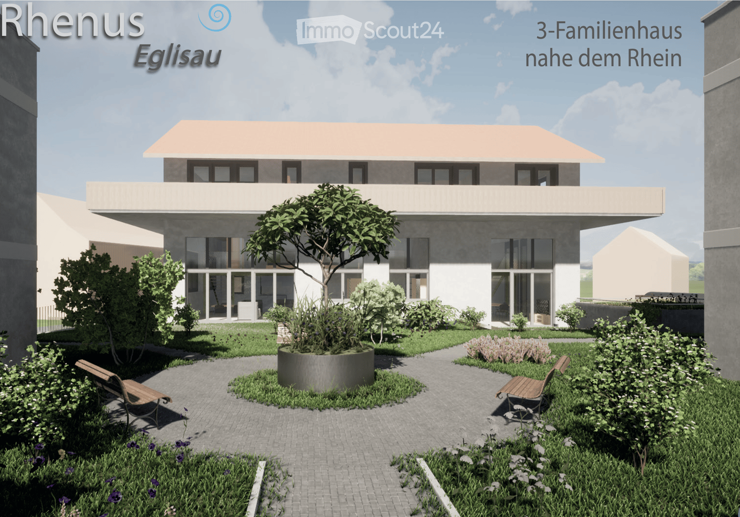 3-family house with modern design, flat roof, large windows, and a landscaped garden area with benches and plants.