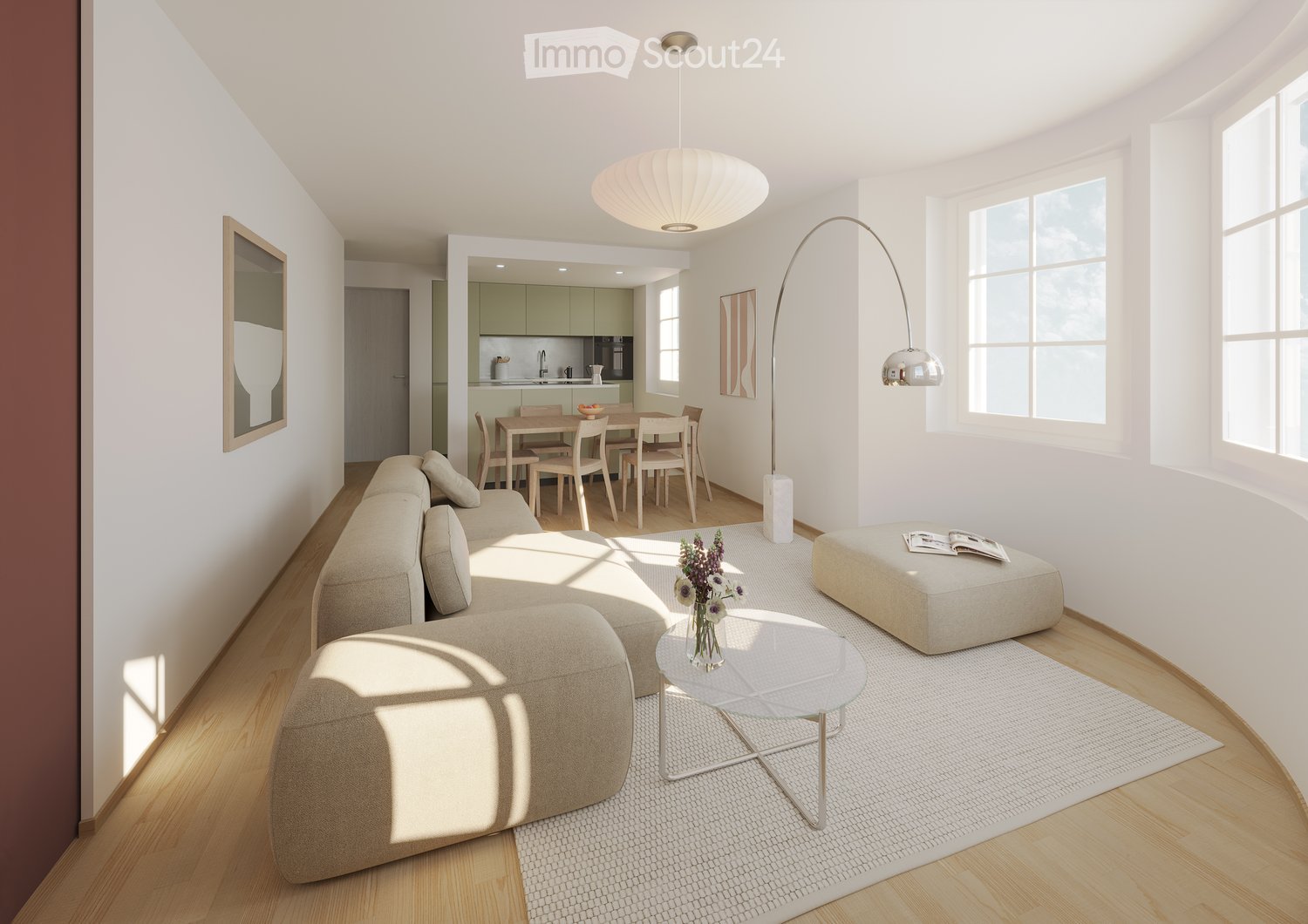 Modern living room with a sectional sofa, coffee table, ottoman, dining area with a table and chairs, floor lamp, pendant light, and a vase with flowers on the coffee table.